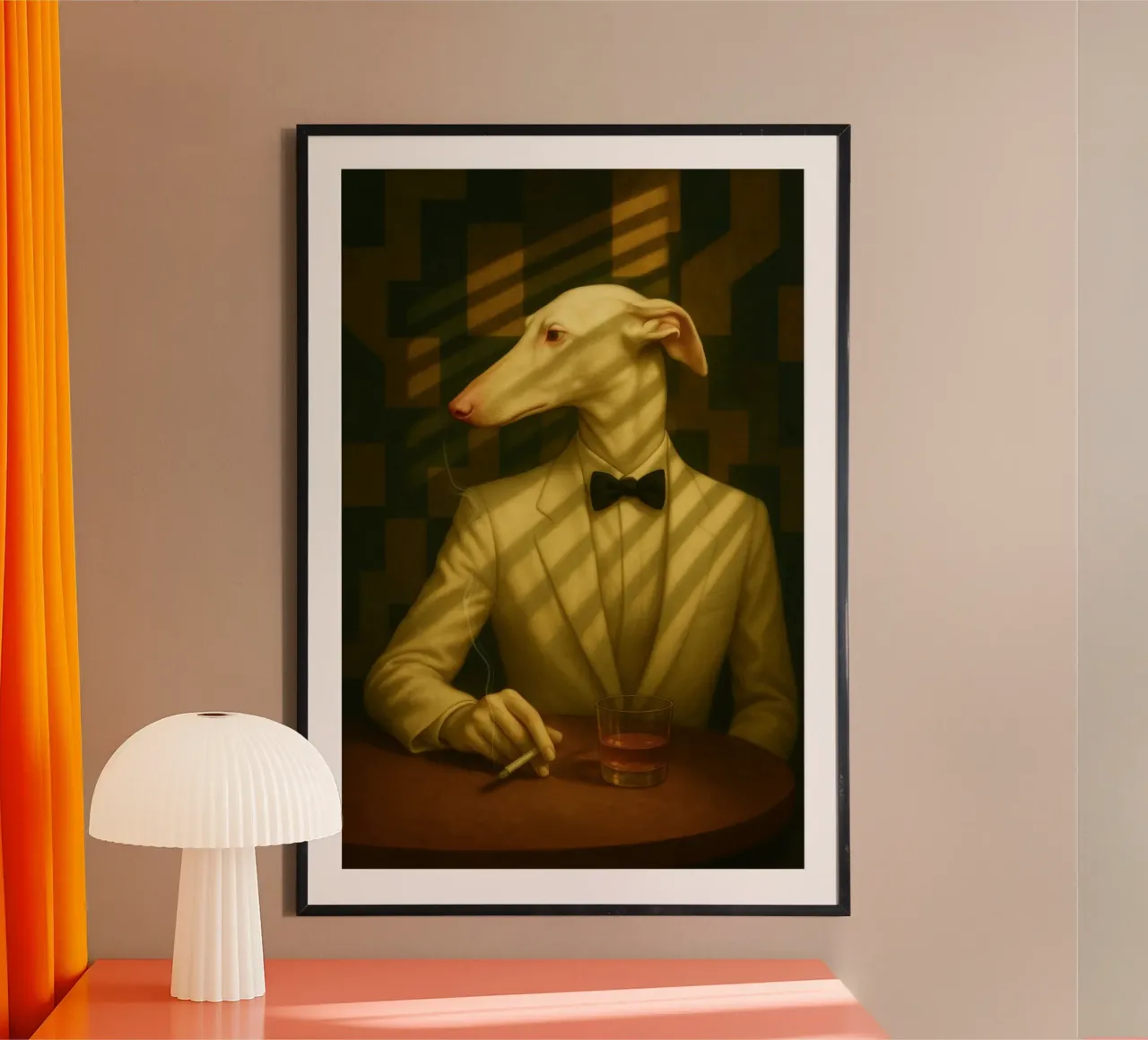 Casablanca Greyhound – Surreal Dog Portrait in Cream Tuxedo carta hahnemühle da Elegant Absurd