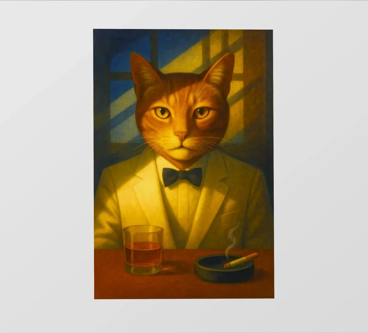 Casablanca Cat – Surreal Feline Portrait in Cream Tuxedo, No lámina retroiluminada de Elegant Absurd