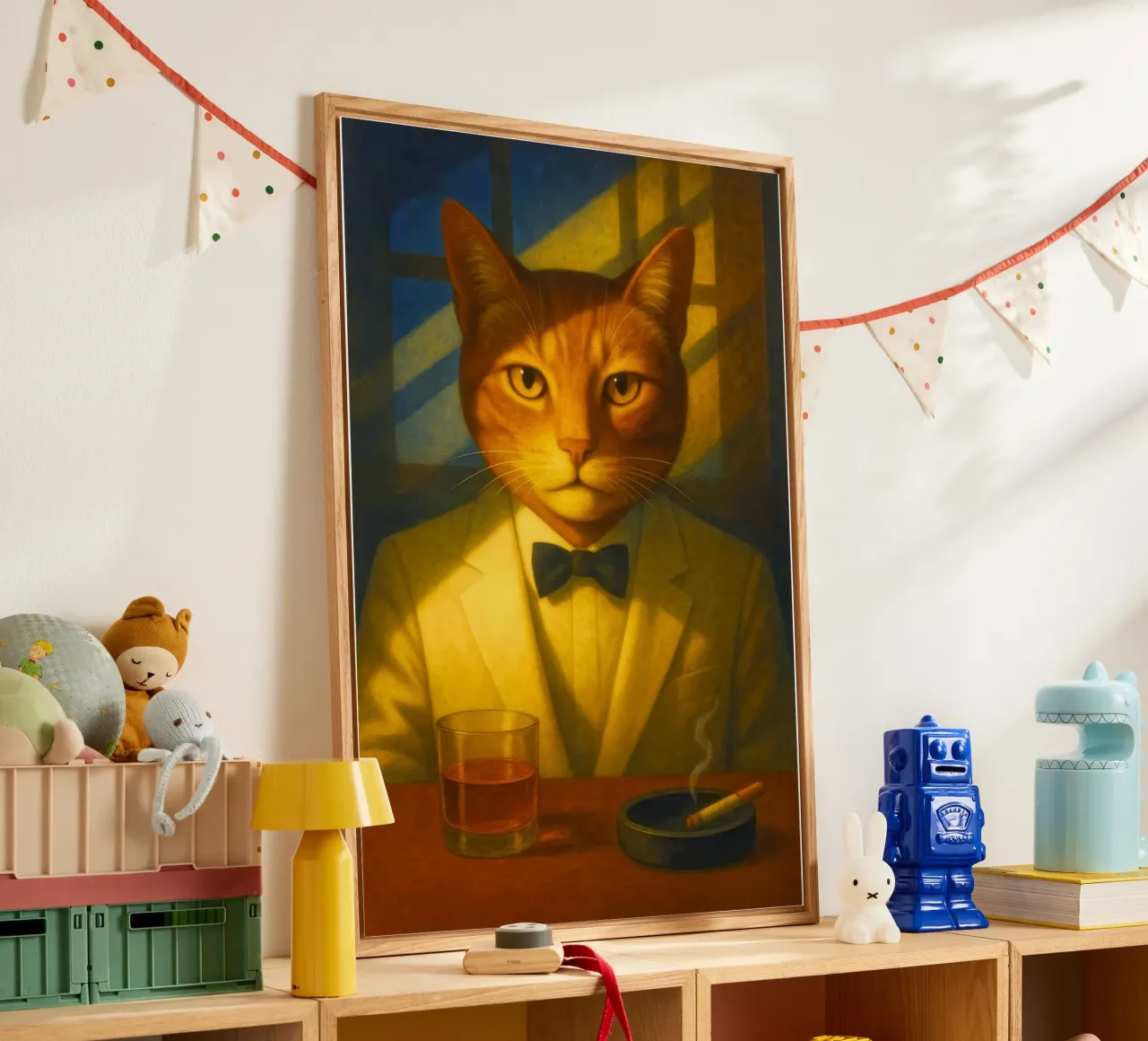 Casablanca Cat – Surreal Feline Portrait in Cream Tuxedo, No plexiglass da Elegant Absurd