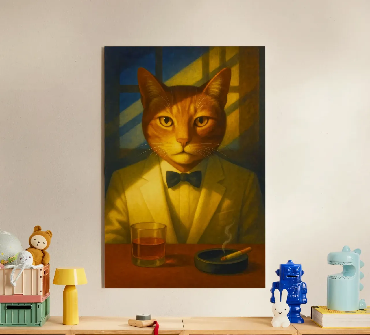 Casablanca Cat – Surreal Feline Portrait in Cream Tuxedo, No plexiglass da Elegant Absurd