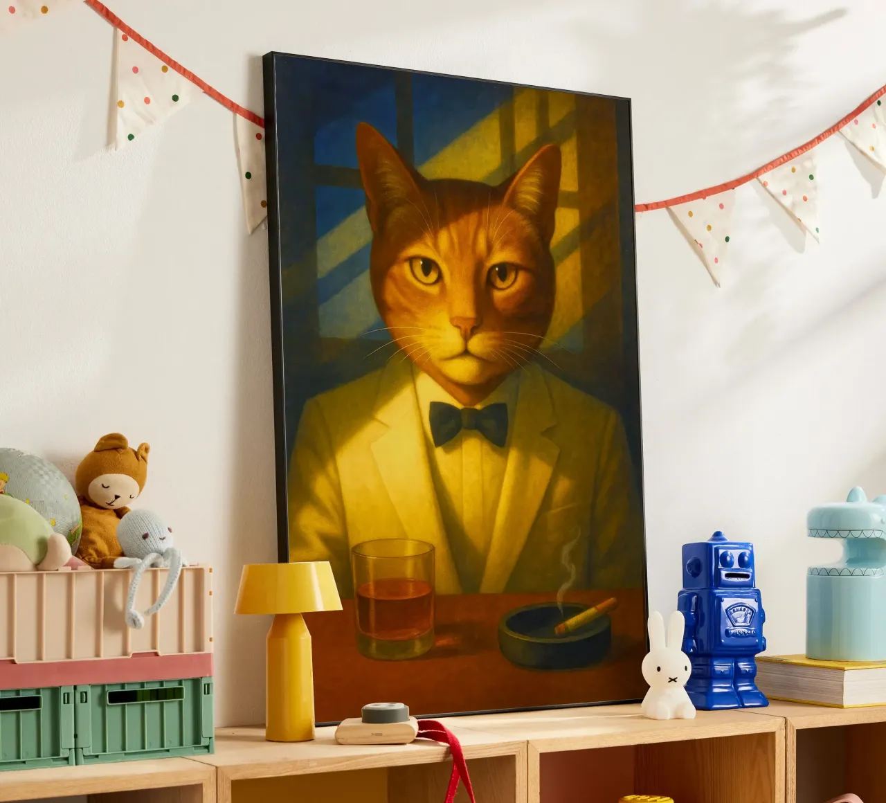 Casablanca Cat – Surreal Feline Portrait in Cream Tuxedo, No alluminio dibond da Elegant Absurd