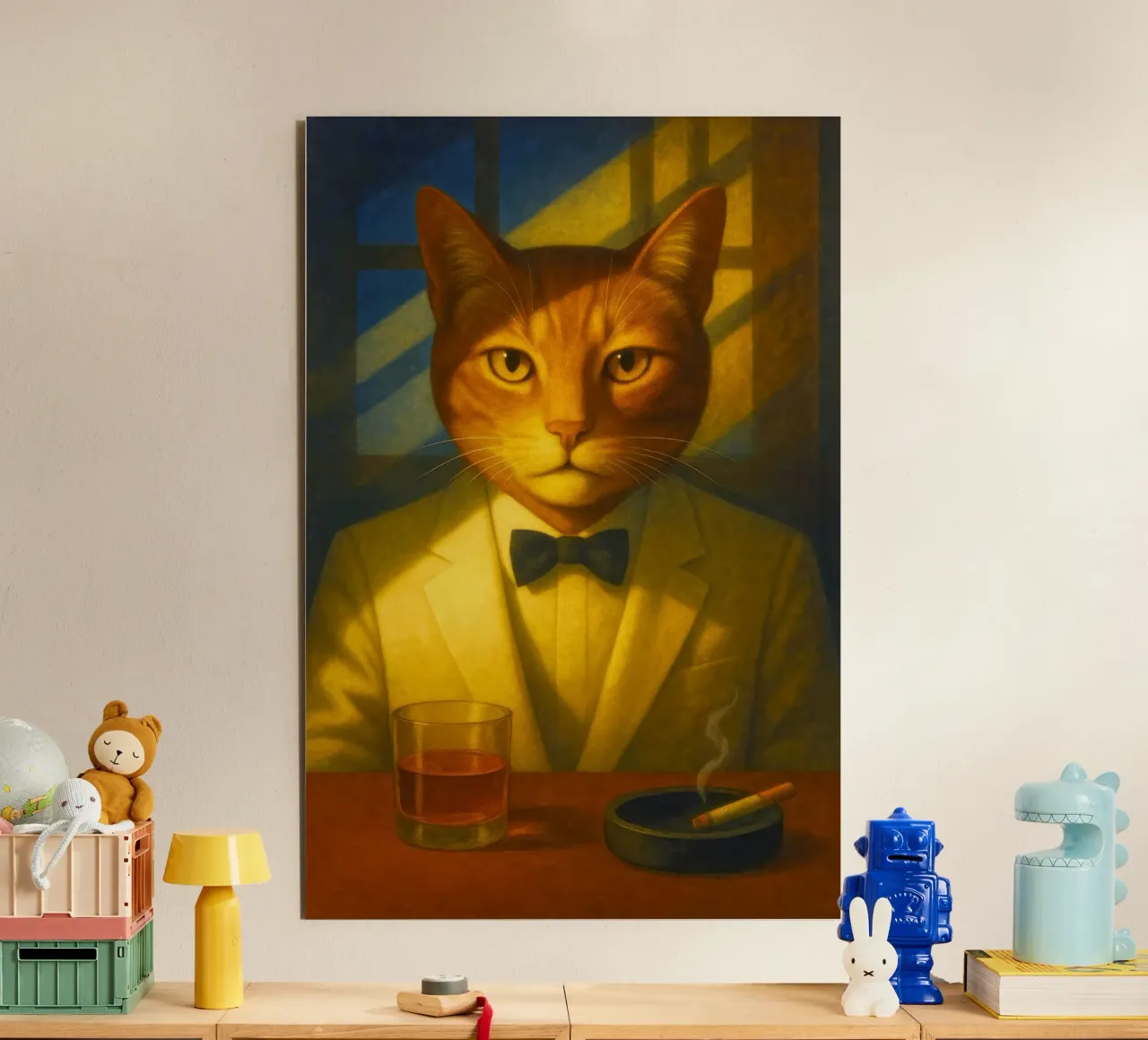 Casablanca Cat – Surreal Feline Portrait in Cream Tuxedo, No alluminio dibond da Elegant Absurd