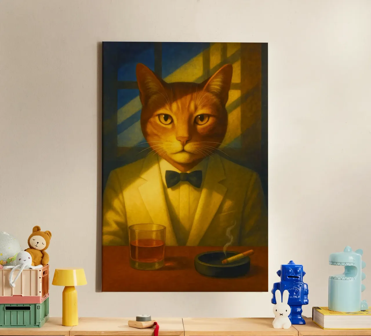 Casablanca Cat – Surreal Feline Portrait in Cream Tuxedo, No tela da Elegant Absurd