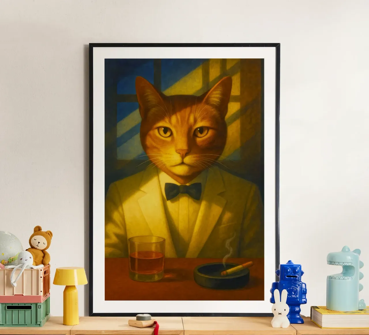 Casablanca Cat – Surreal Feline Portrait in Cream Tuxedo, No carta hahnemühle da Elegant Absurd