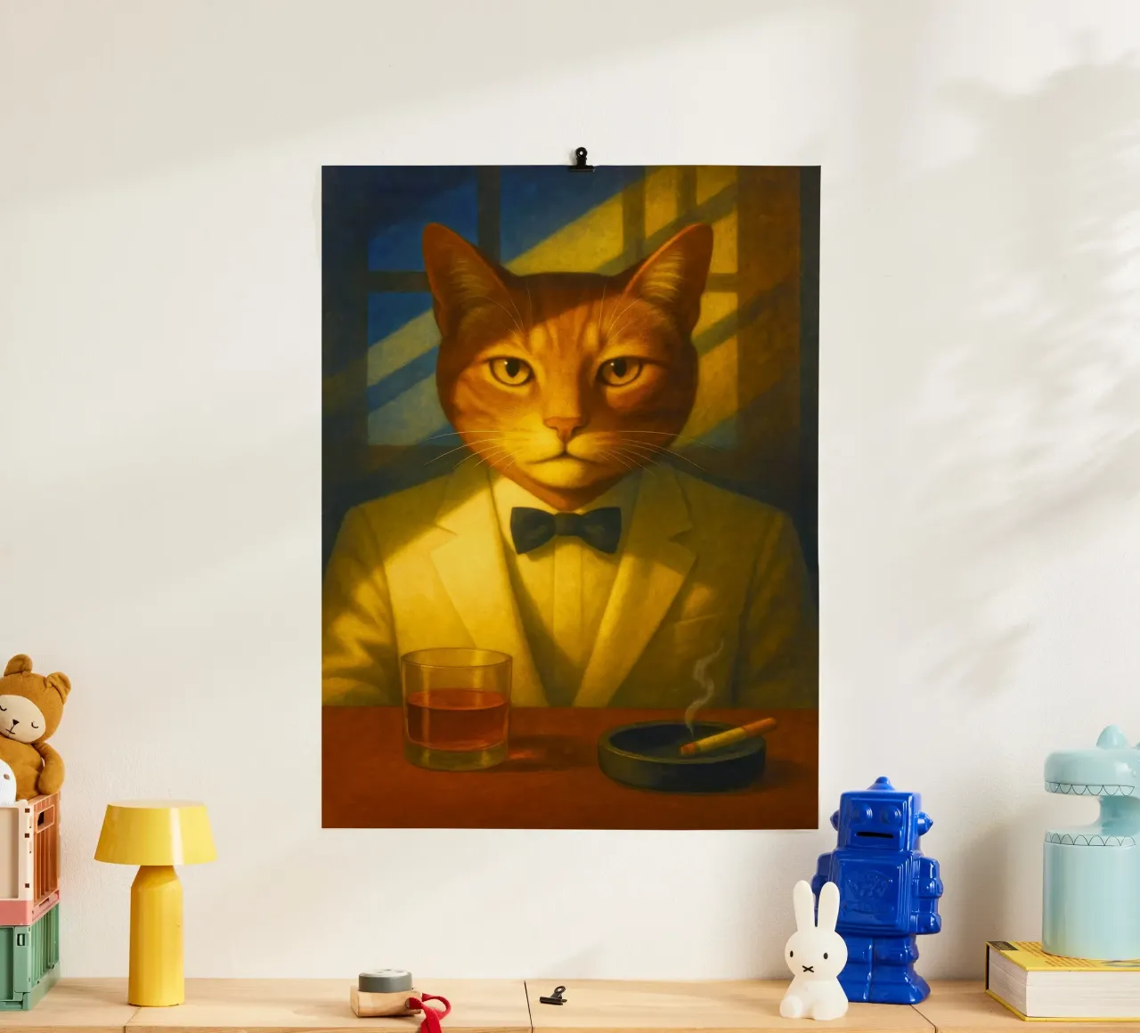 Casablanca Cat – Surreal Feline Portrait in Cream Tuxedo, No carta hahnemühle da Elegant Absurd
