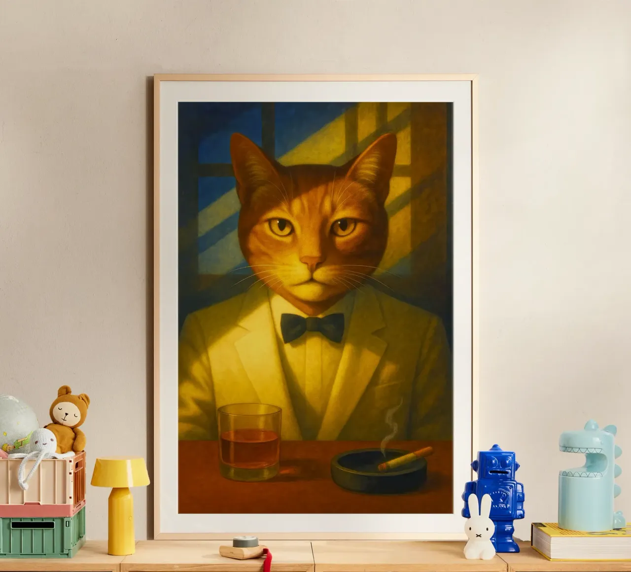 Casablanca Cat – Surreal Feline Portrait in Cream Tuxedo, No carta hahnemühle da Elegant Absurd