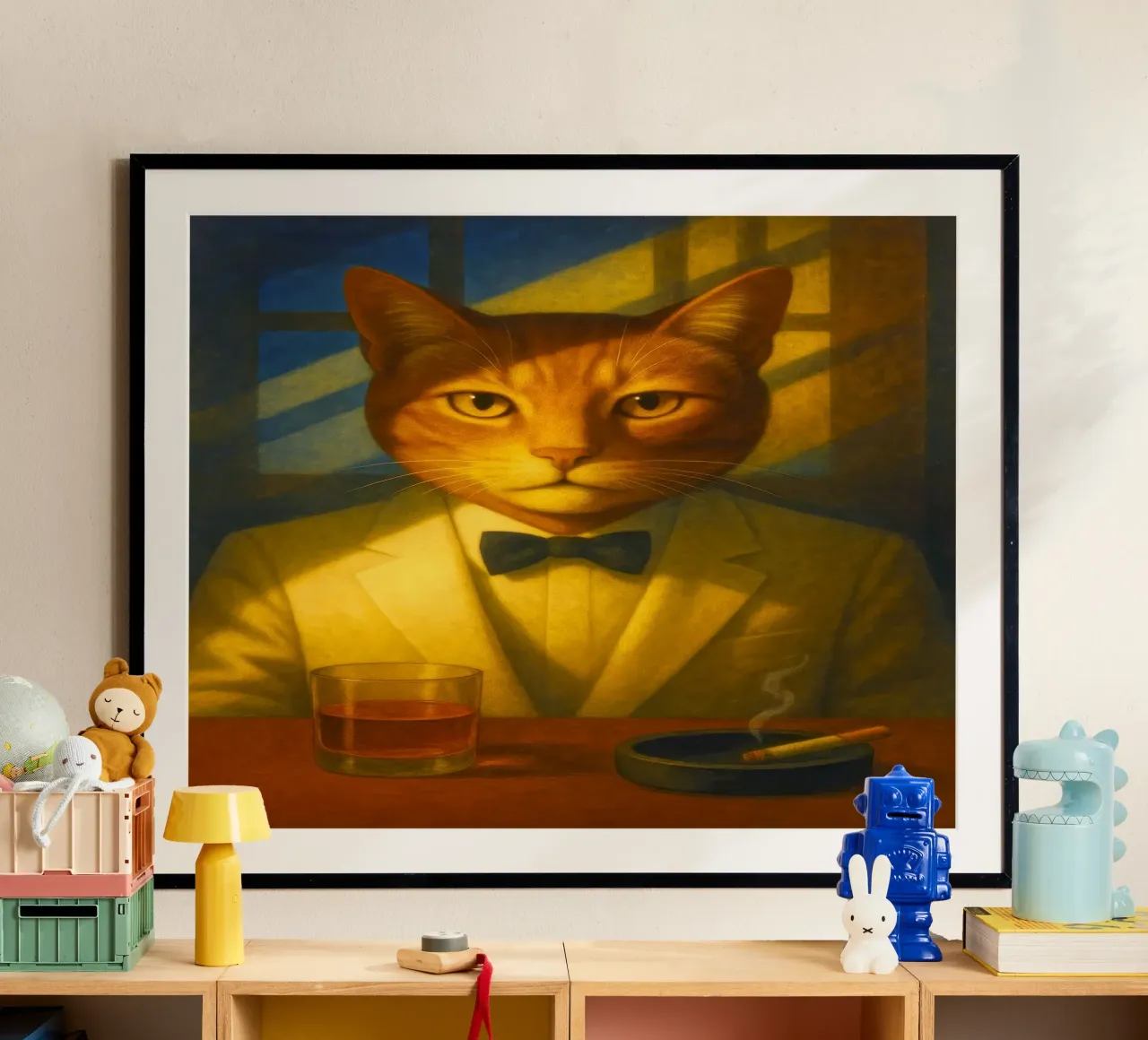 Casablanca Cat – Surreal Feline Portrait in Cream Tuxedo, No carta hahnemühle da Elegant Absurd