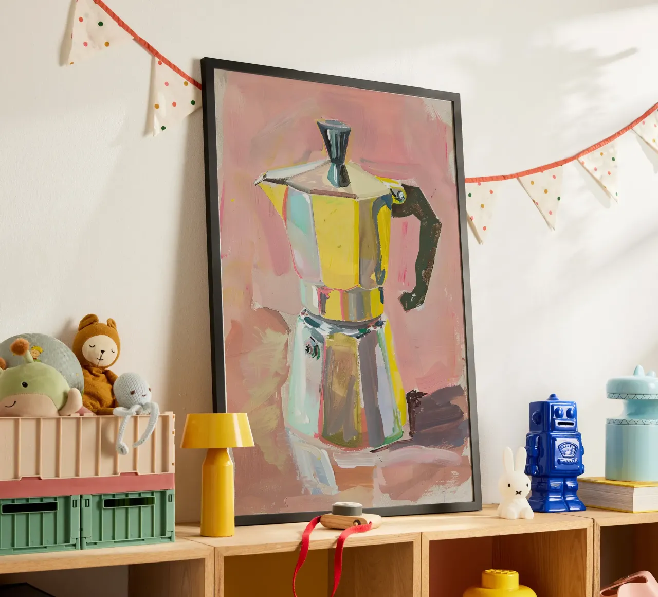 Caffè Espresso Fornello Pastello Olio Pittura Rosa Natura Morta poster con telaio in alluminio da Euphoria Theresa