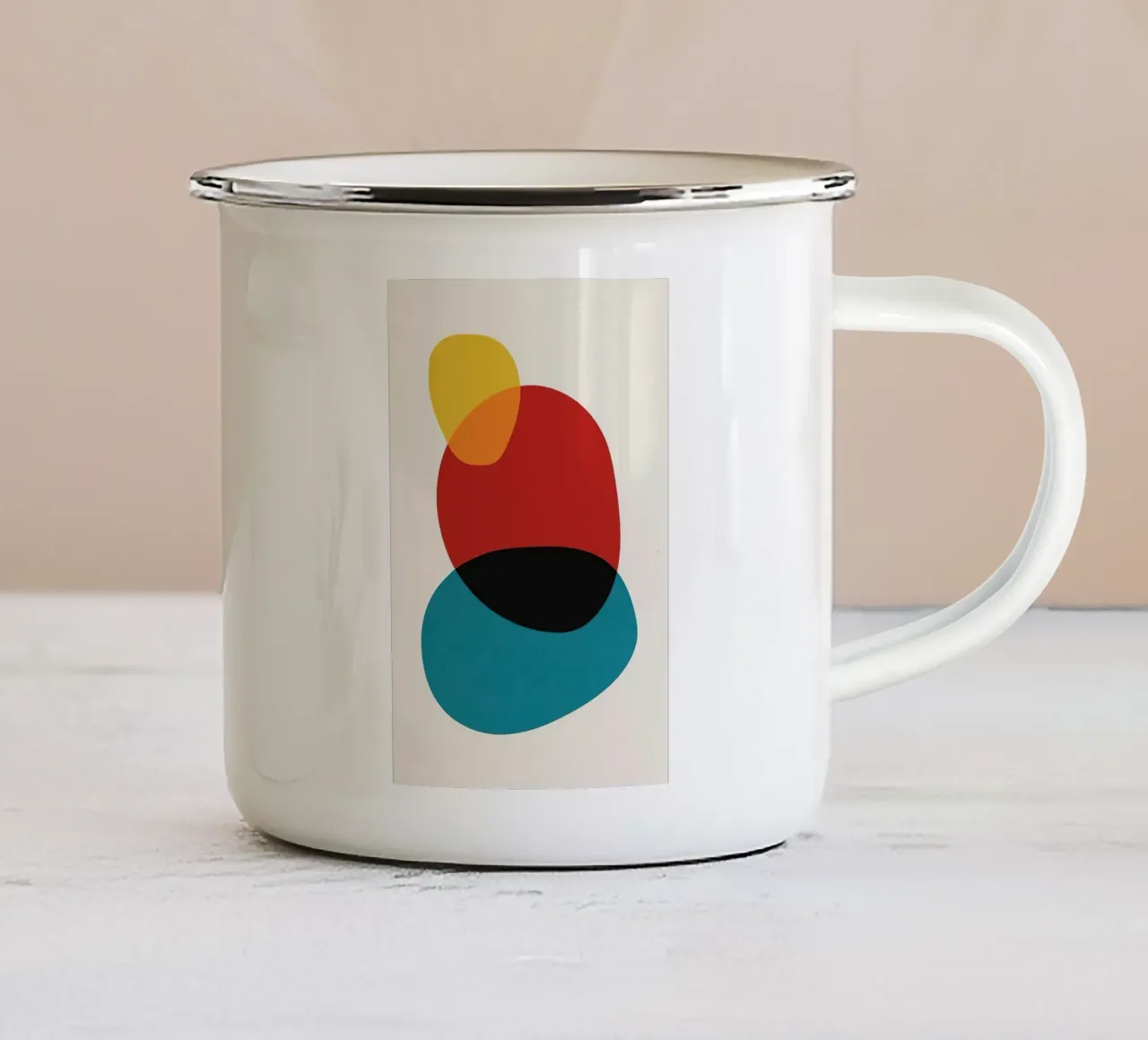 Abstracte cirkels kunst, blauw rood emaille mok van Lonnieprints