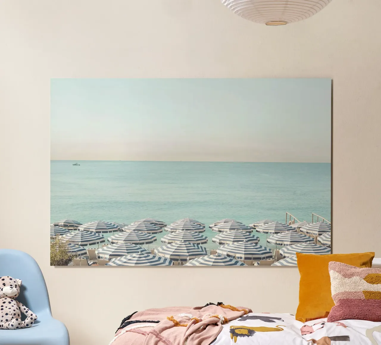 French Riviera Blue and White Striped Umbrellas hahnemühle by GraceDigitalArtCo