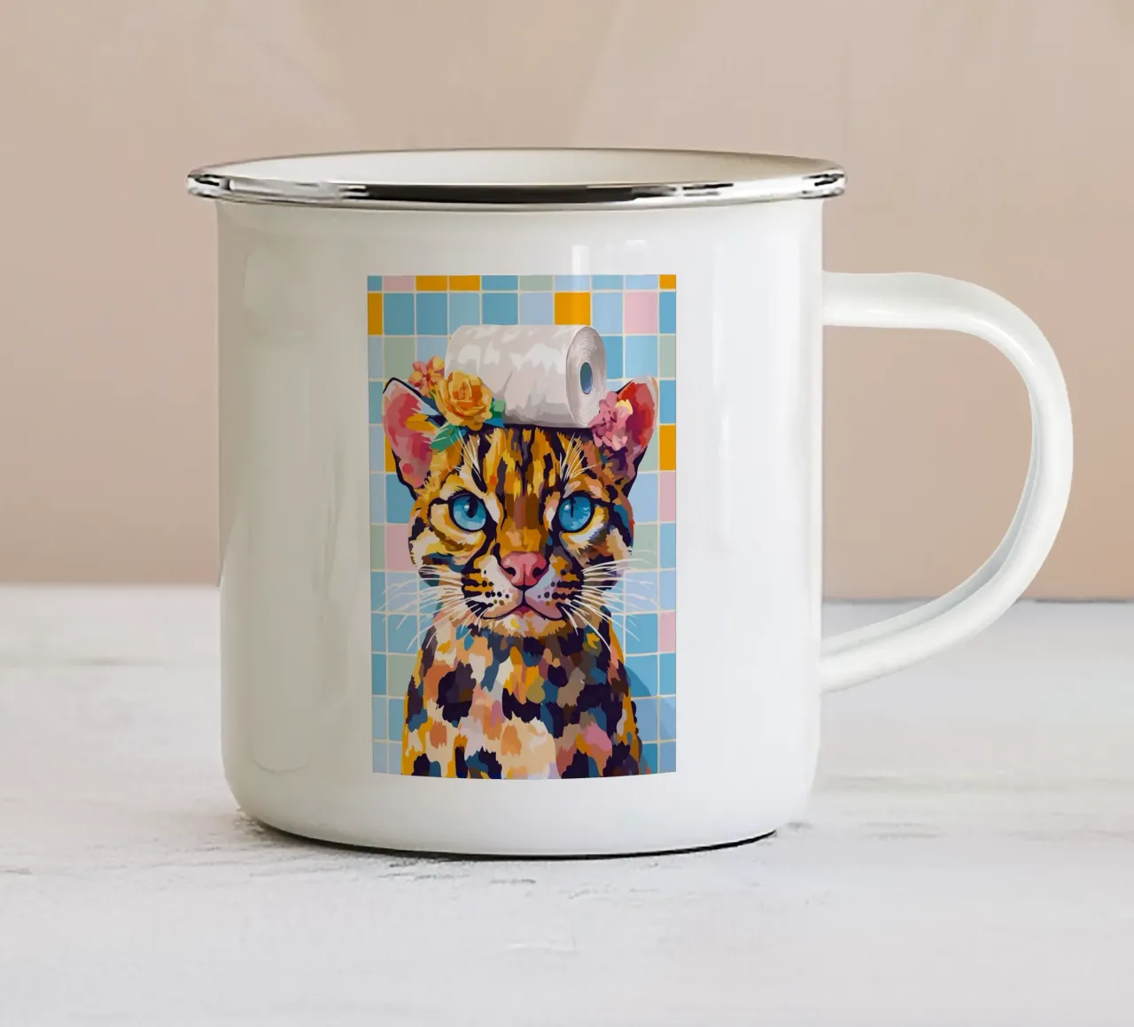 Gatto con cappello di carta igienica tazza in smalto da JoyWalkerShop