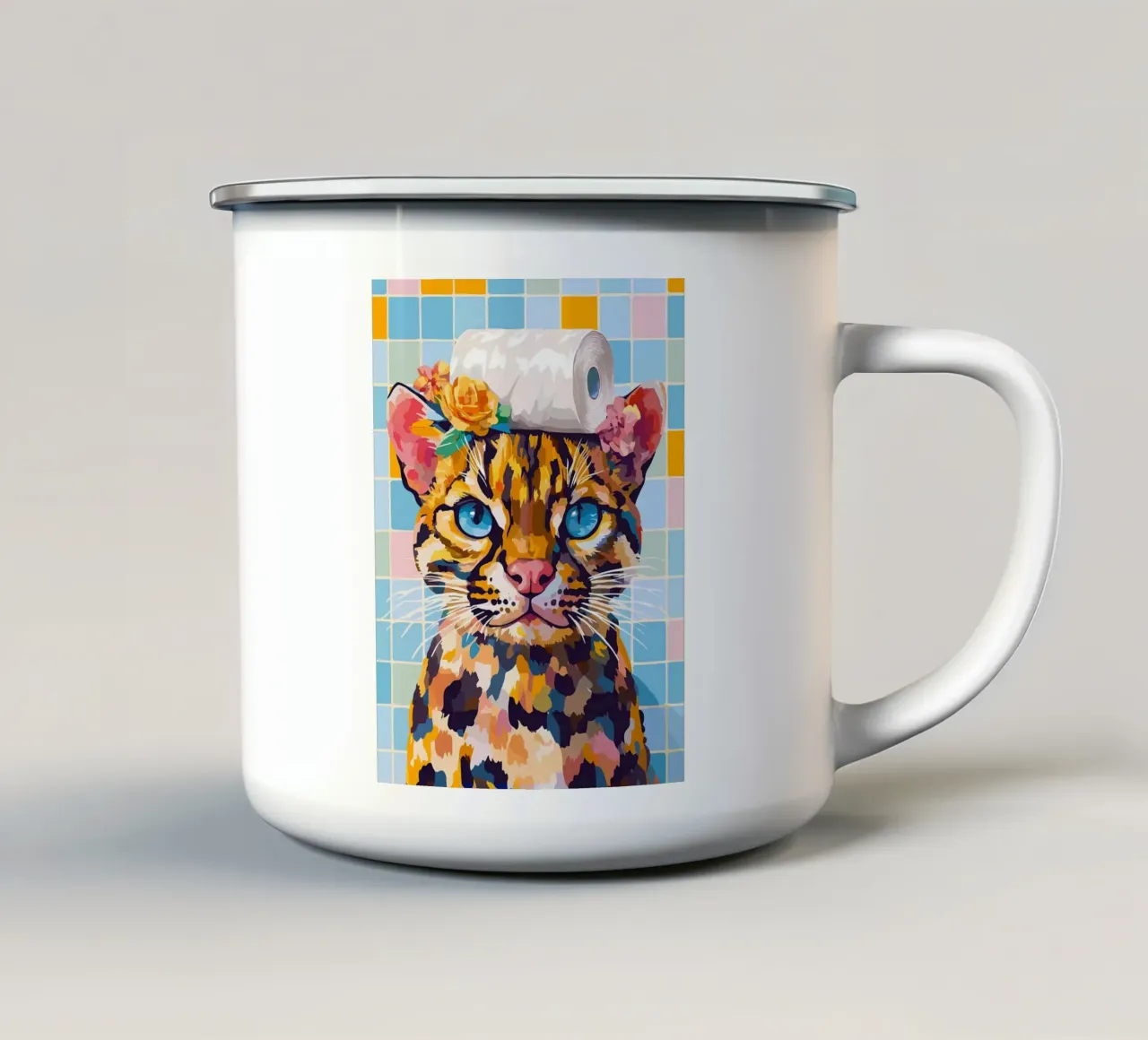 Gatto con cappello di carta igienica tazza in smalto da JoyWalkerShop