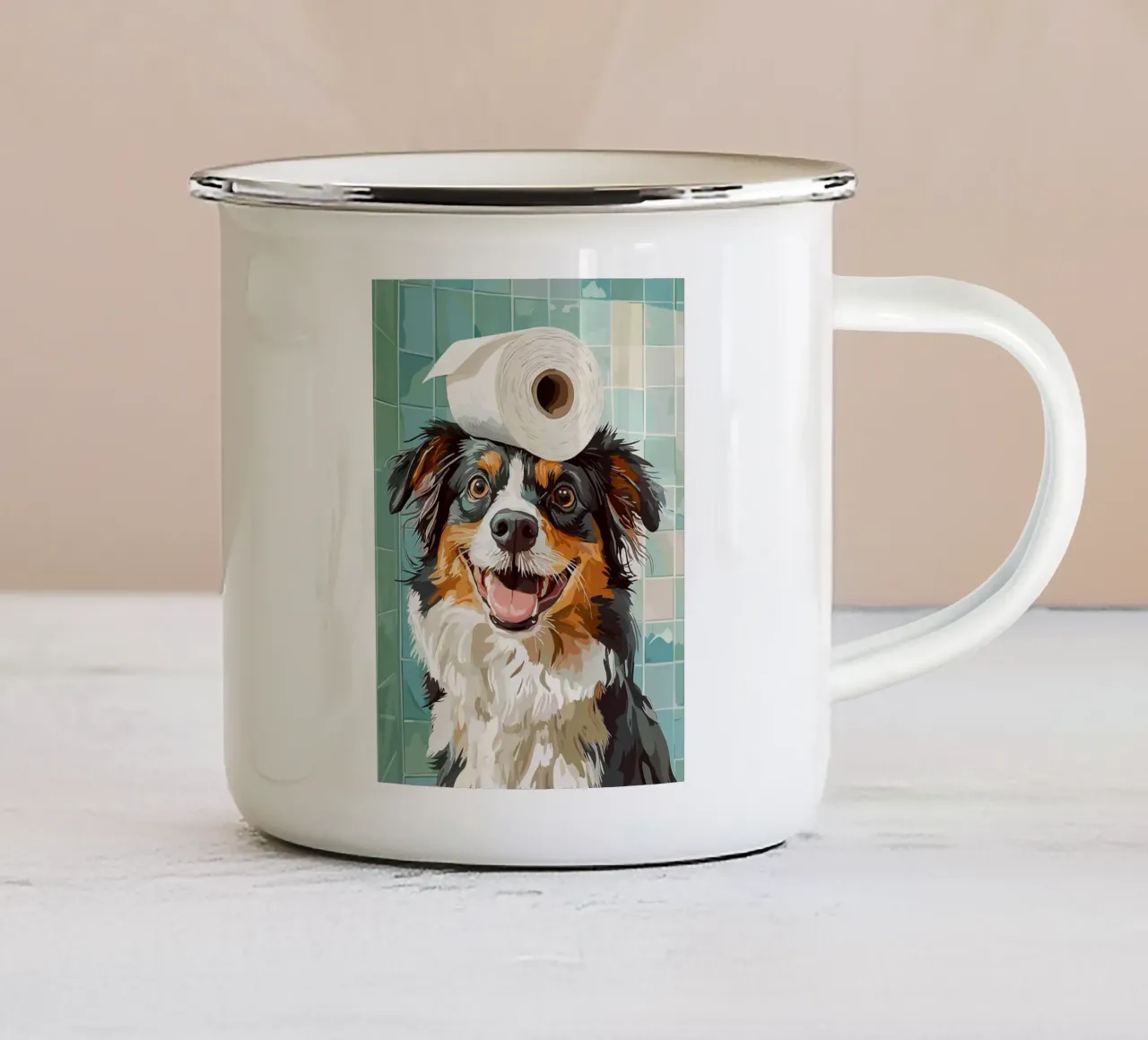 Cane con carta igienica in testa tazza in smalto da JoyWalkerShop
