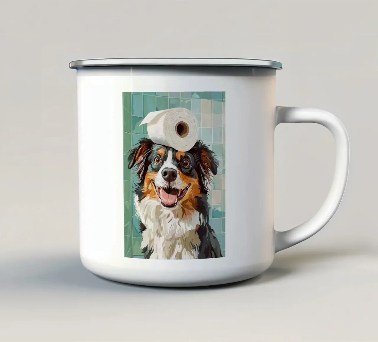 Cane con carta igienica in testa tazza in smalto da JoyWalkerShop