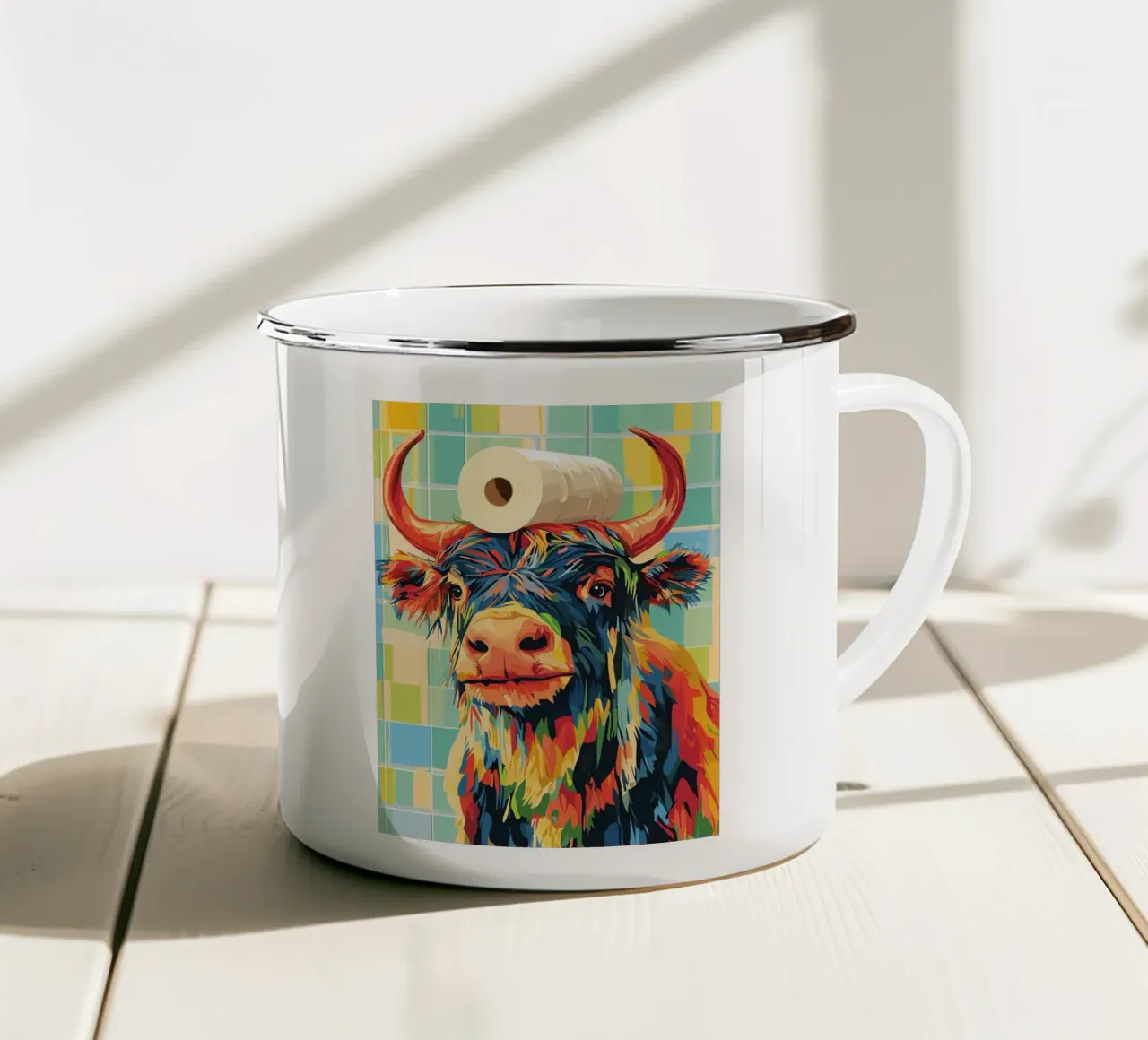 Mucca colorata con cappello di carta igienica tazza in smalto da JoyWalkerShop