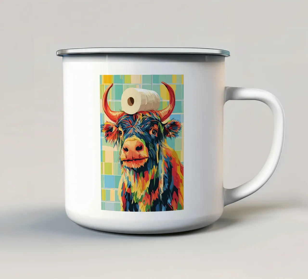 Mucca colorata con cappello di carta igienica tazza in smalto da JoyWalkerShop
