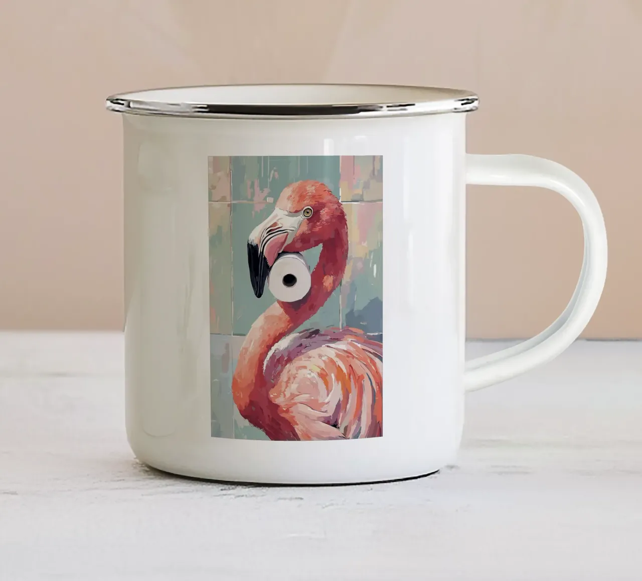 Flamingo met wc-rol emaille mok van JoyWalkerShop