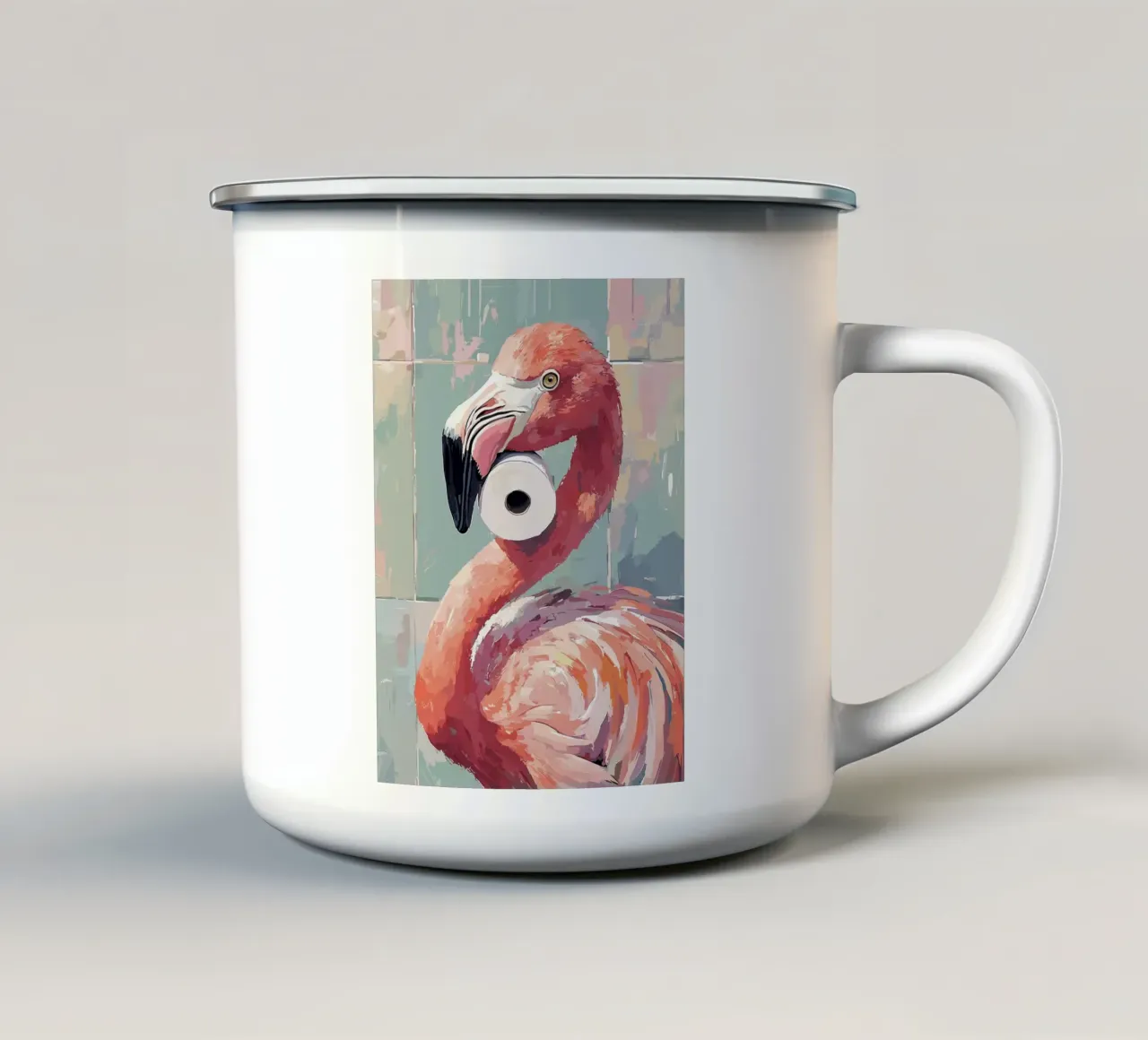 Flamingo met wc-rol emaille mok van JoyWalkerShop