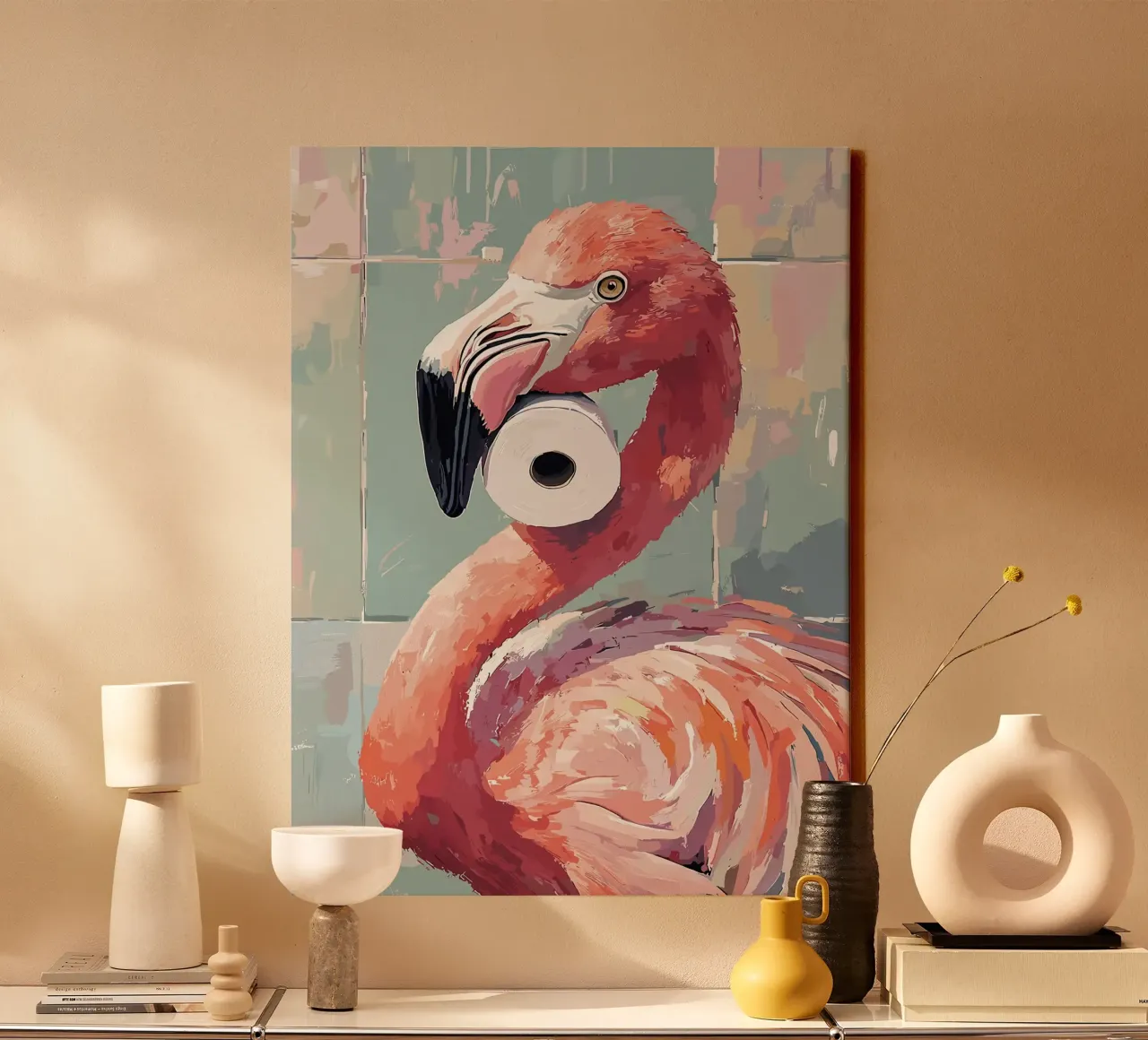Flamingo met wc-rol canvas van JoyWalkerShop