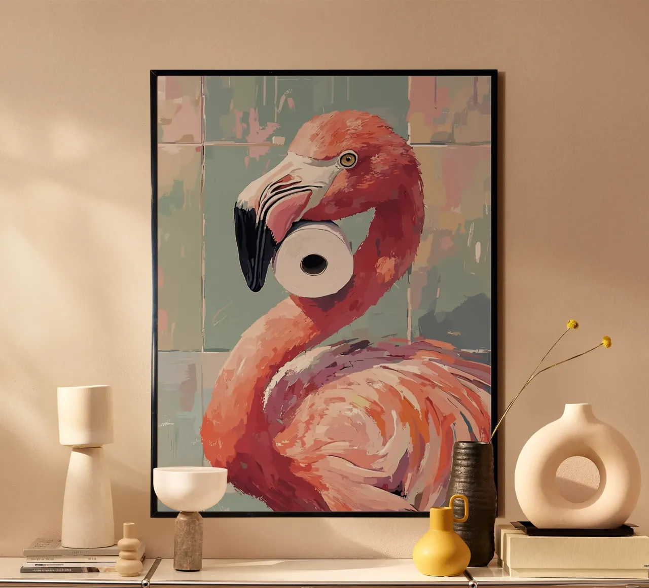 Flamingo met wc-rol hahnemühle van JoyWalkerShop