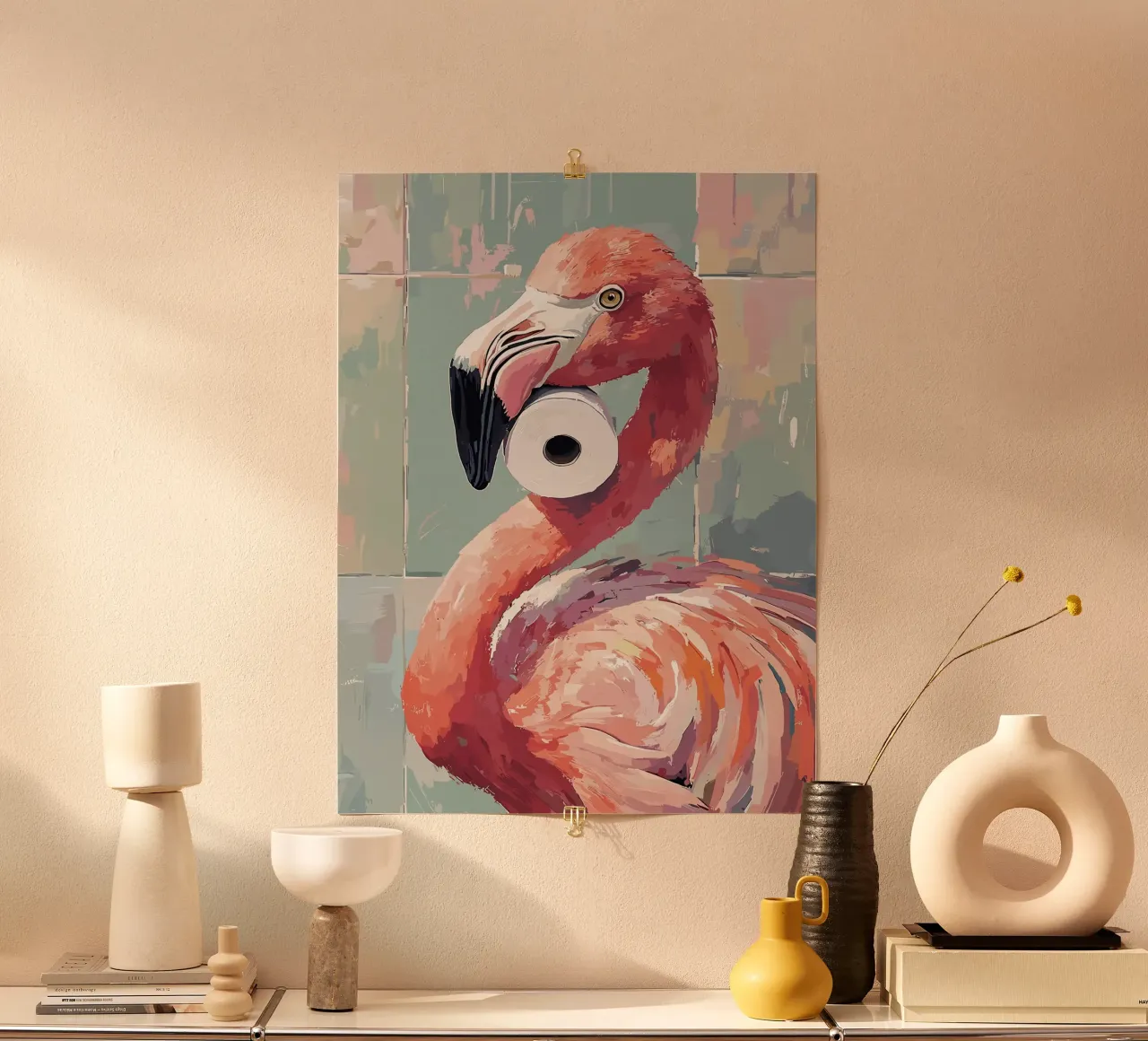 Flamingo met wc-rol hahnemühle van JoyWalkerShop