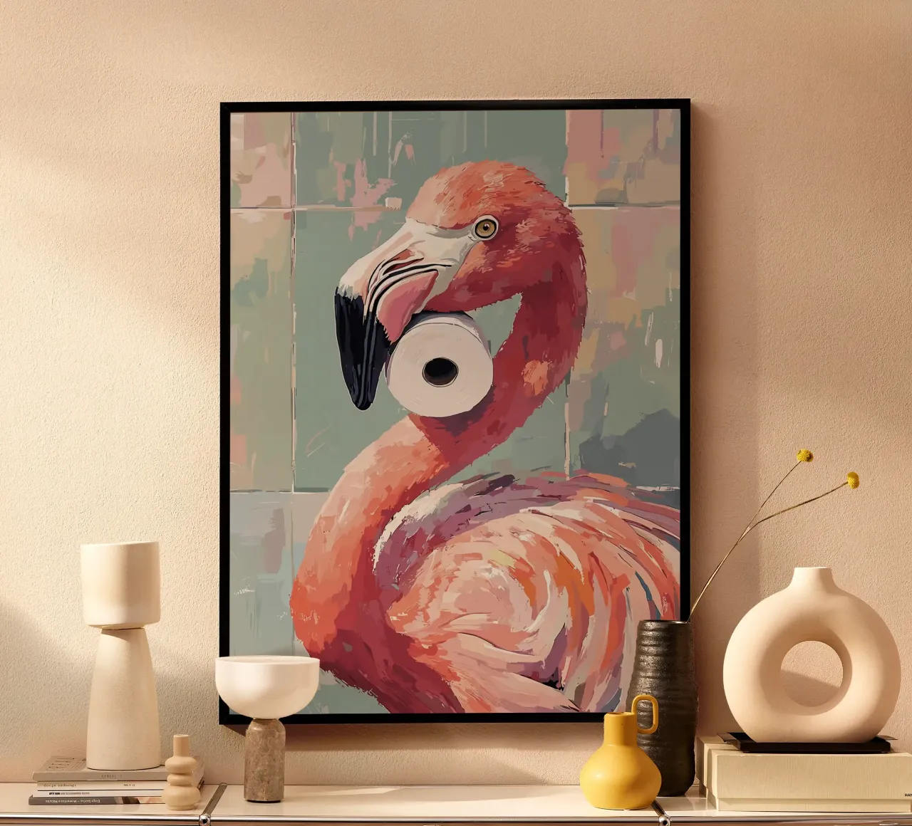 Flamingo met wc-rol hahnemühle van JoyWalkerShop
