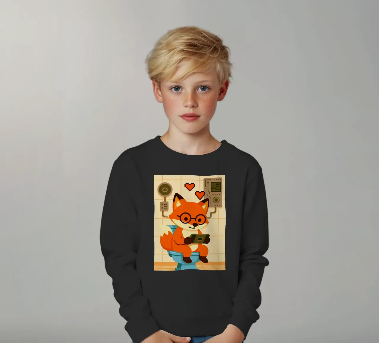 Fuchs auf Toilette spielt Tablet Kinder Sweatshirt von JoyWalkerShop