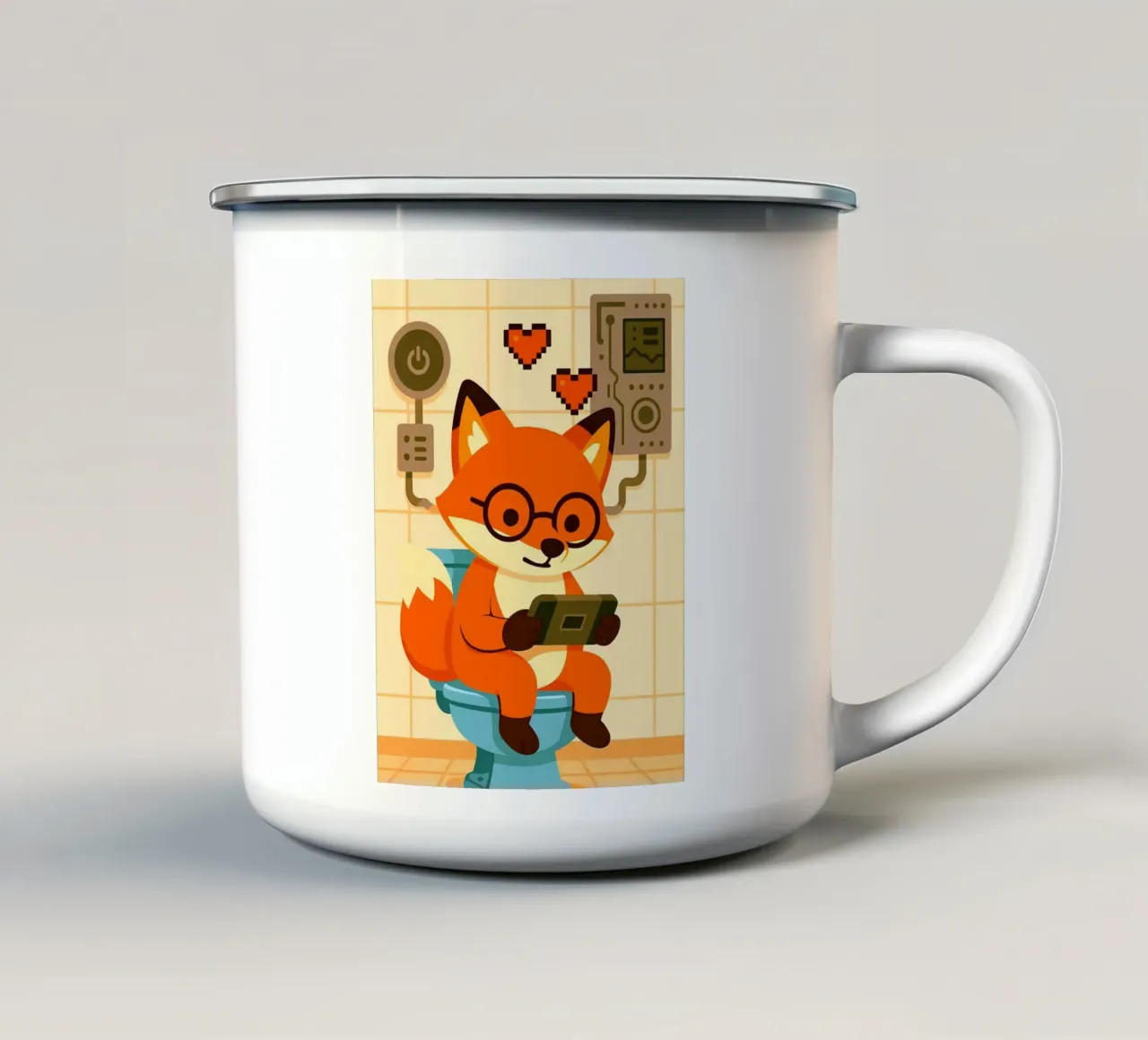 Volpe sul water che gioca con il tablet tazza in smalto da JoyWalkerShop