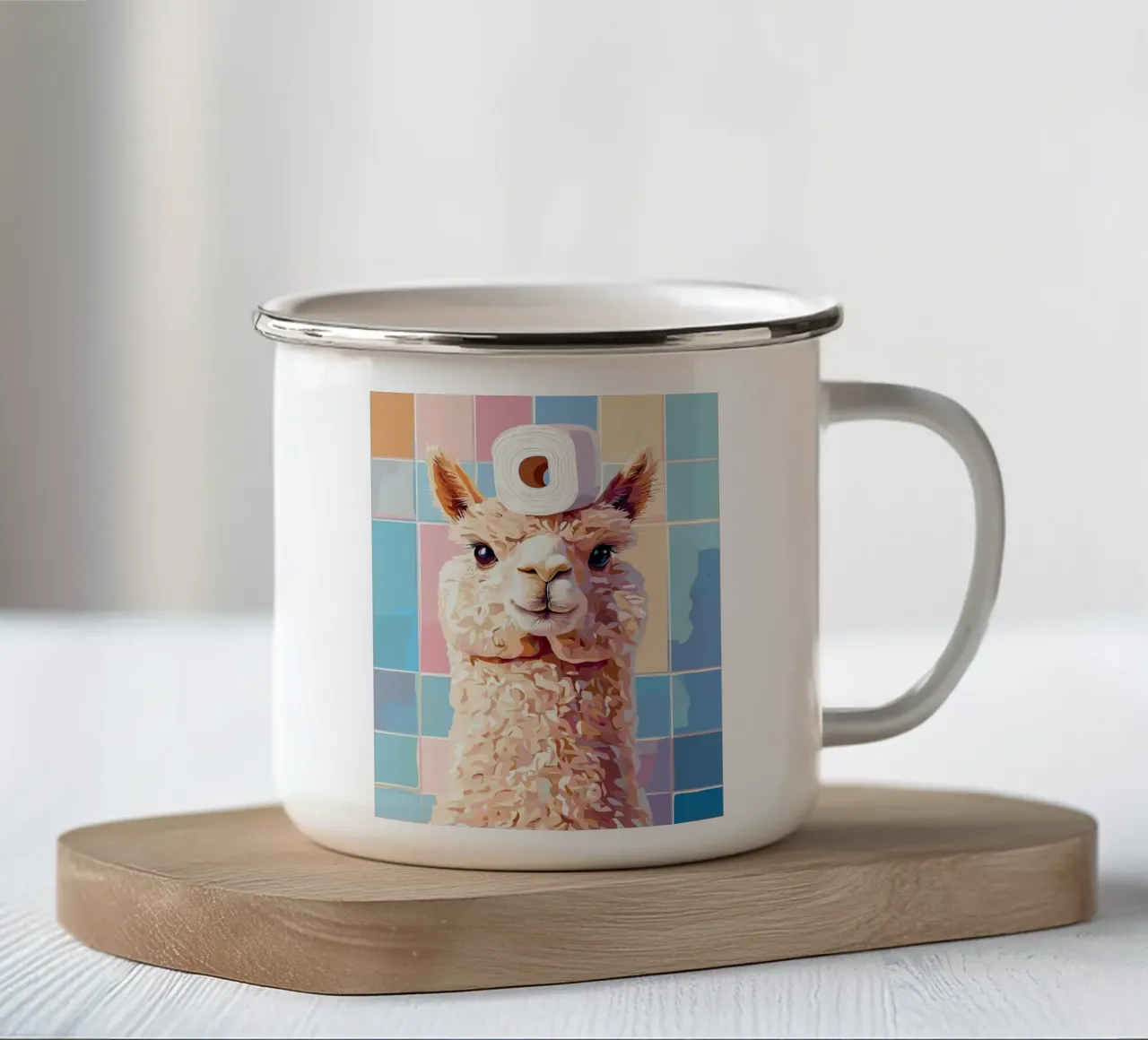 Lama con carta igienica in testa tazza in smalto da JoyWalkerShop