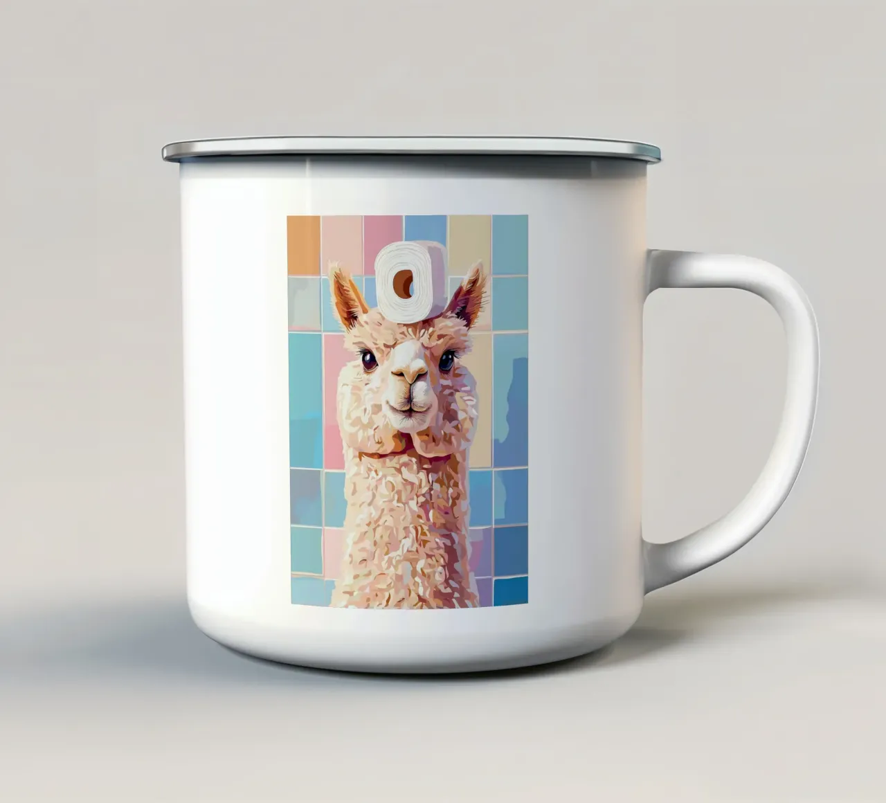 Lama con carta igienica in testa tazza in smalto da JoyWalkerShop