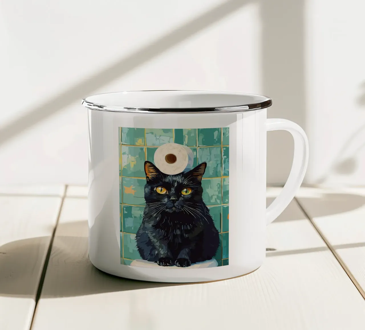 Gatto nero con cappello di carta igienica tazza in smalto da JoyWalkerShop