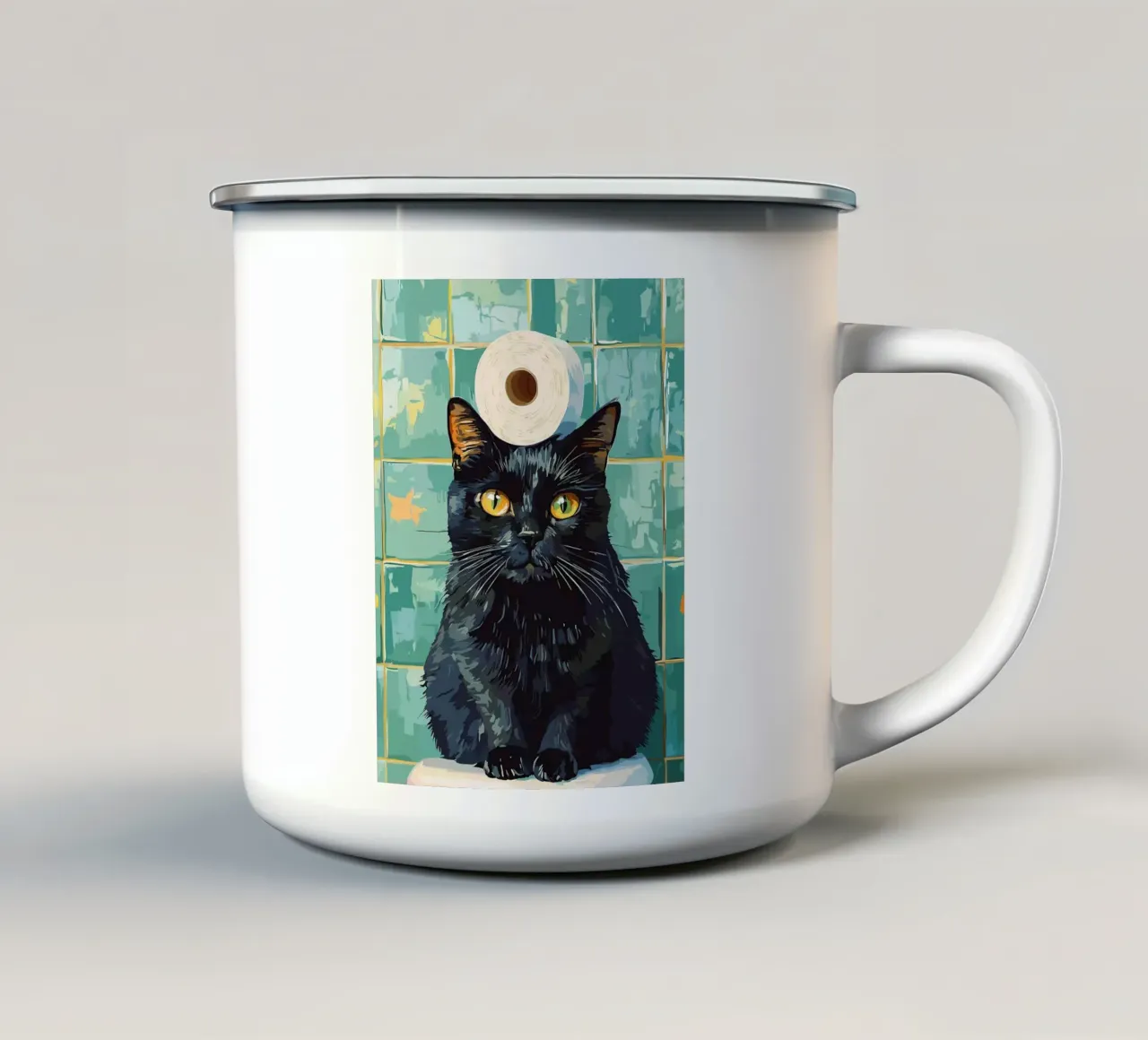 Gatto nero con cappello di carta igienica tazza in smalto da JoyWalkerShop