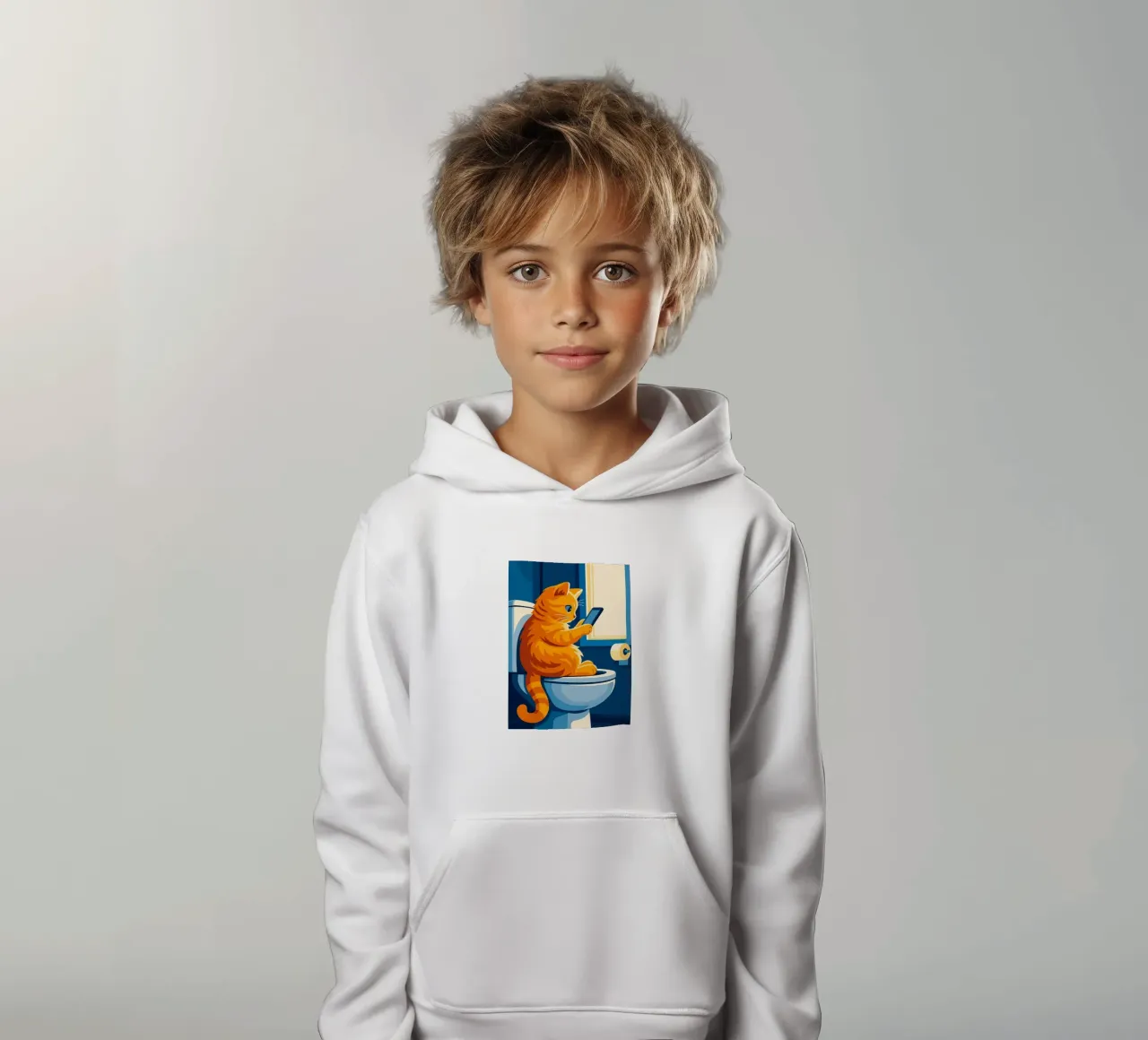 Gato en el retrete usando un smartphone sudadera con capucha para niño de JoyWalkerShop