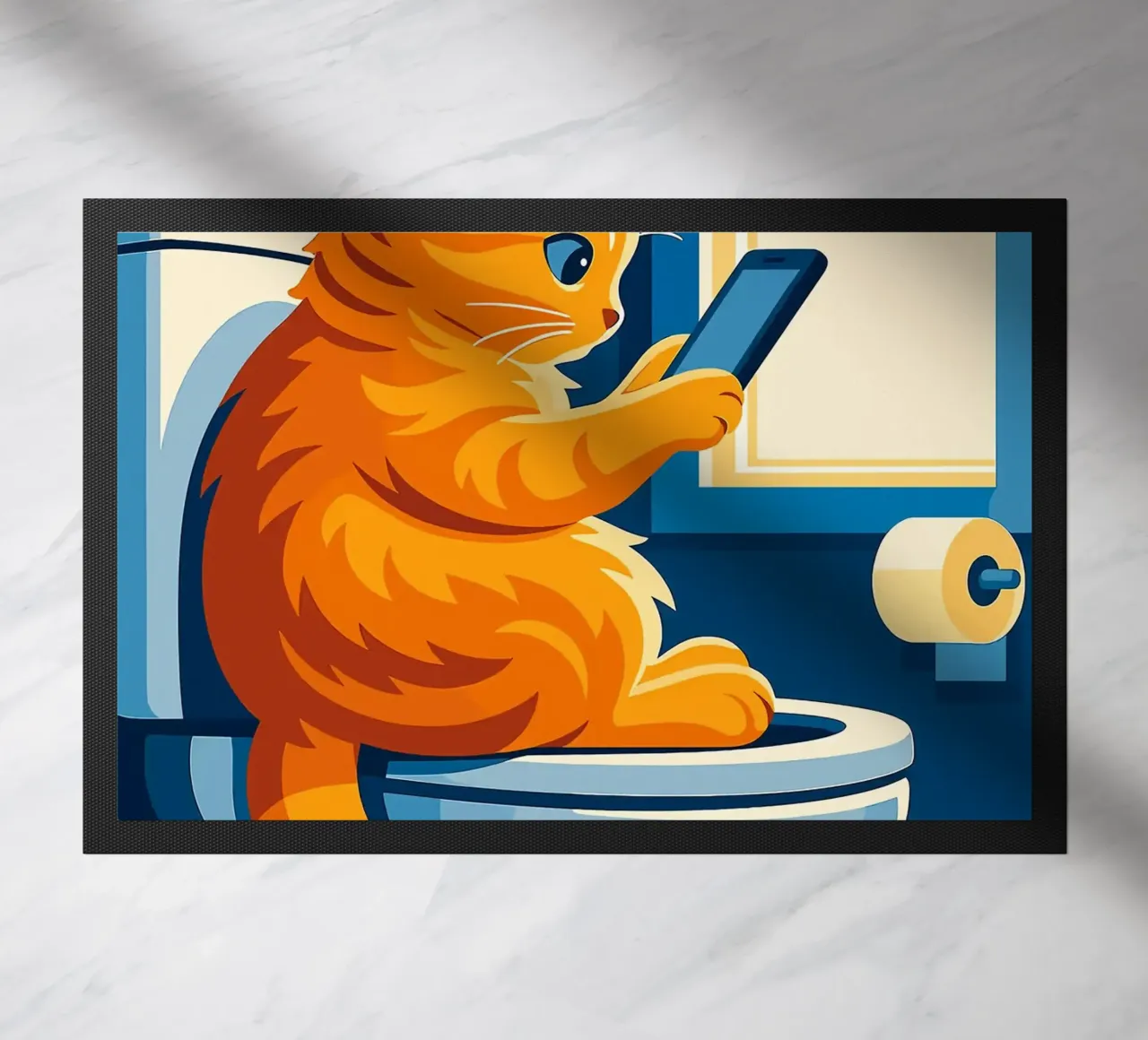 Gato en el retrete usando un smartphone felpudo de JoyWalkerShop