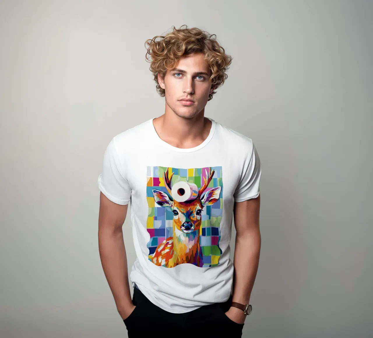 Cervo colorato con rotolo di carta igienica t-shirt da JoyWalkerShop