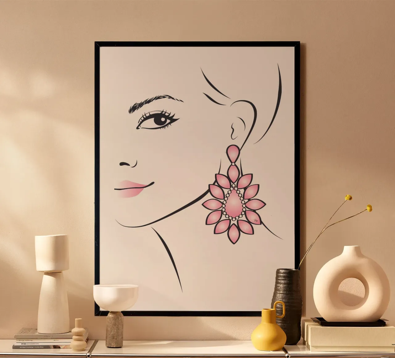 Ragazza con orecchini rosa poster con telaio in alluminio da Martina