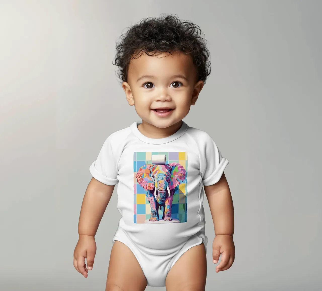 Kleurrijke olifant met wc-papierrol babyrompertje korte mouwen van JoyWalkerShop