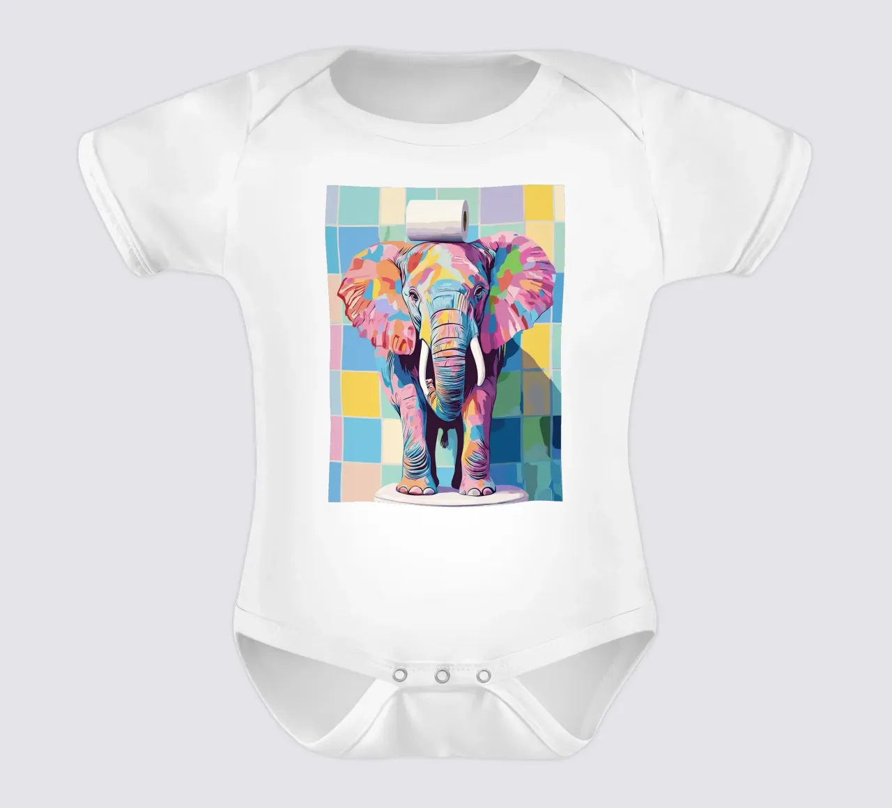 Kleurrijke olifant met wc-papierrol babyrompertje korte mouwen van JoyWalkerShop