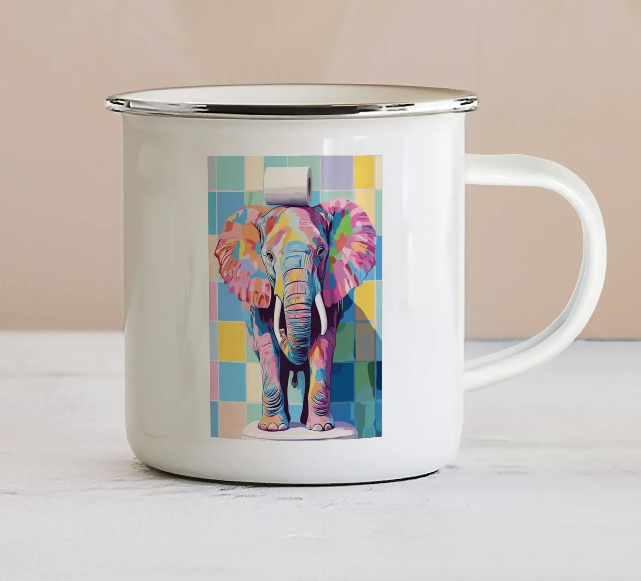 Kleurrijke olifant met wc-papierrol emaille mok van JoyWalkerShop
