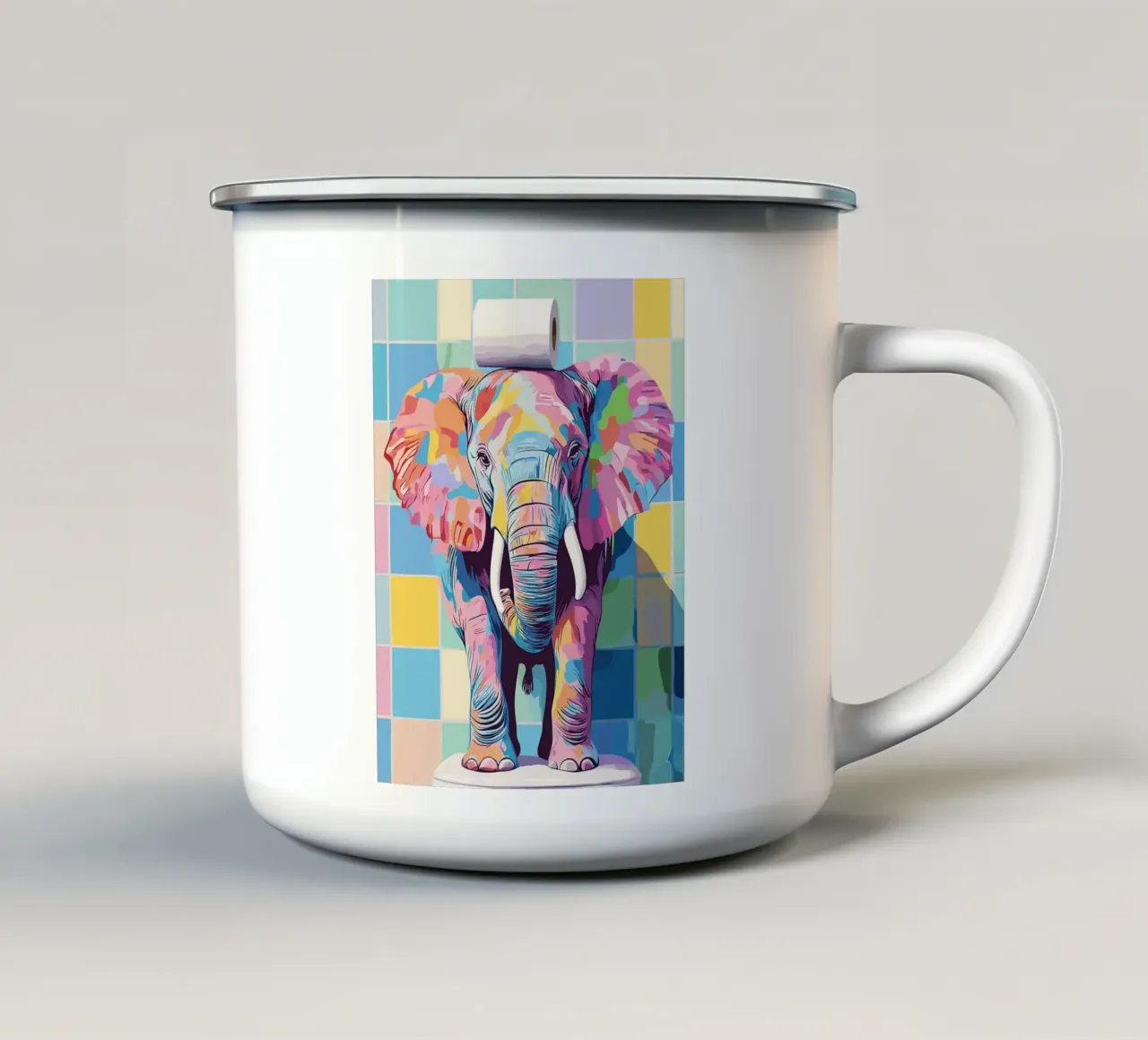 Kleurrijke olifant met wc-papierrol emaille mok van JoyWalkerShop