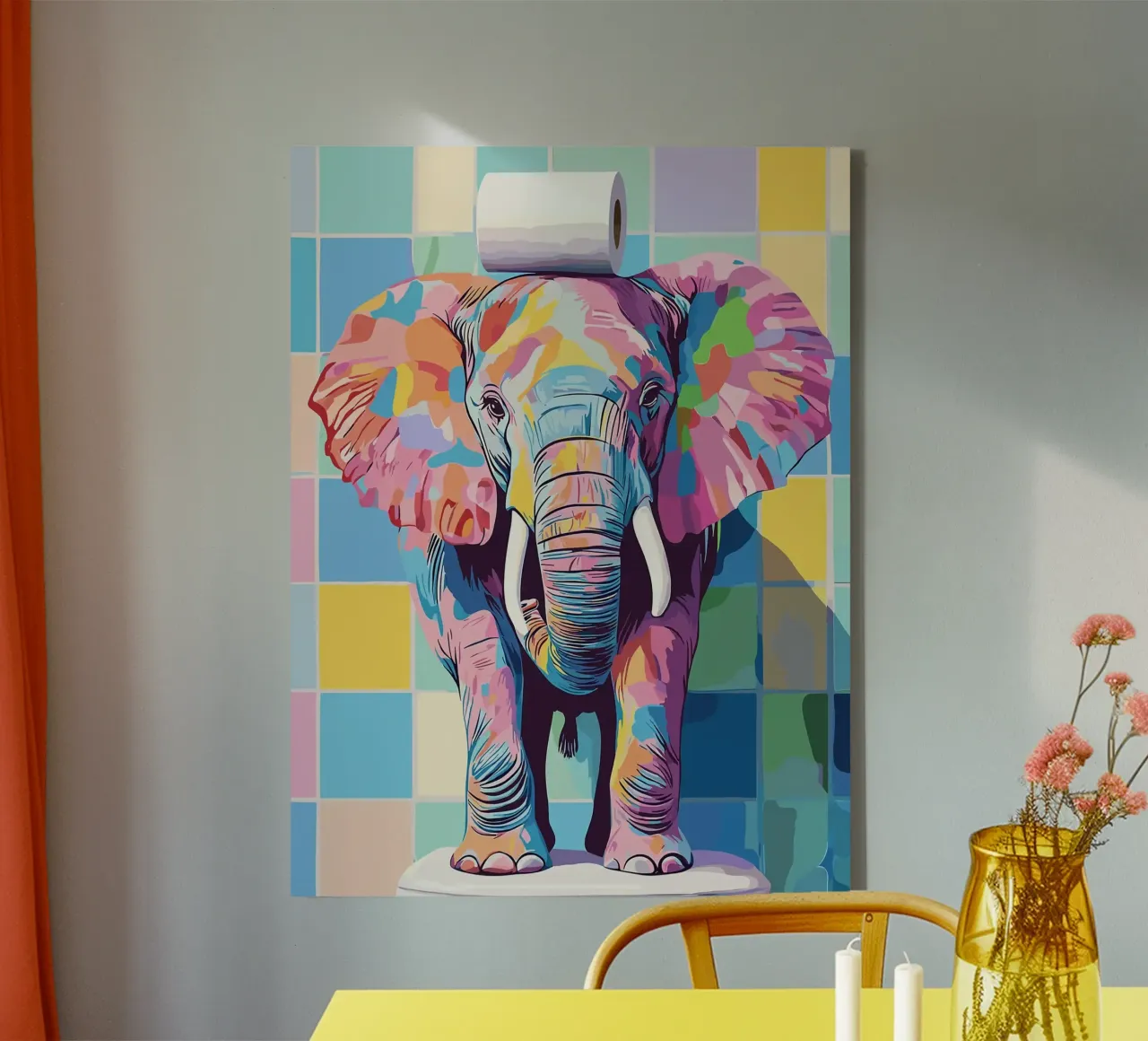 Kleurrijke olifant met wc-papierrol canvas van JoyWalkerShop