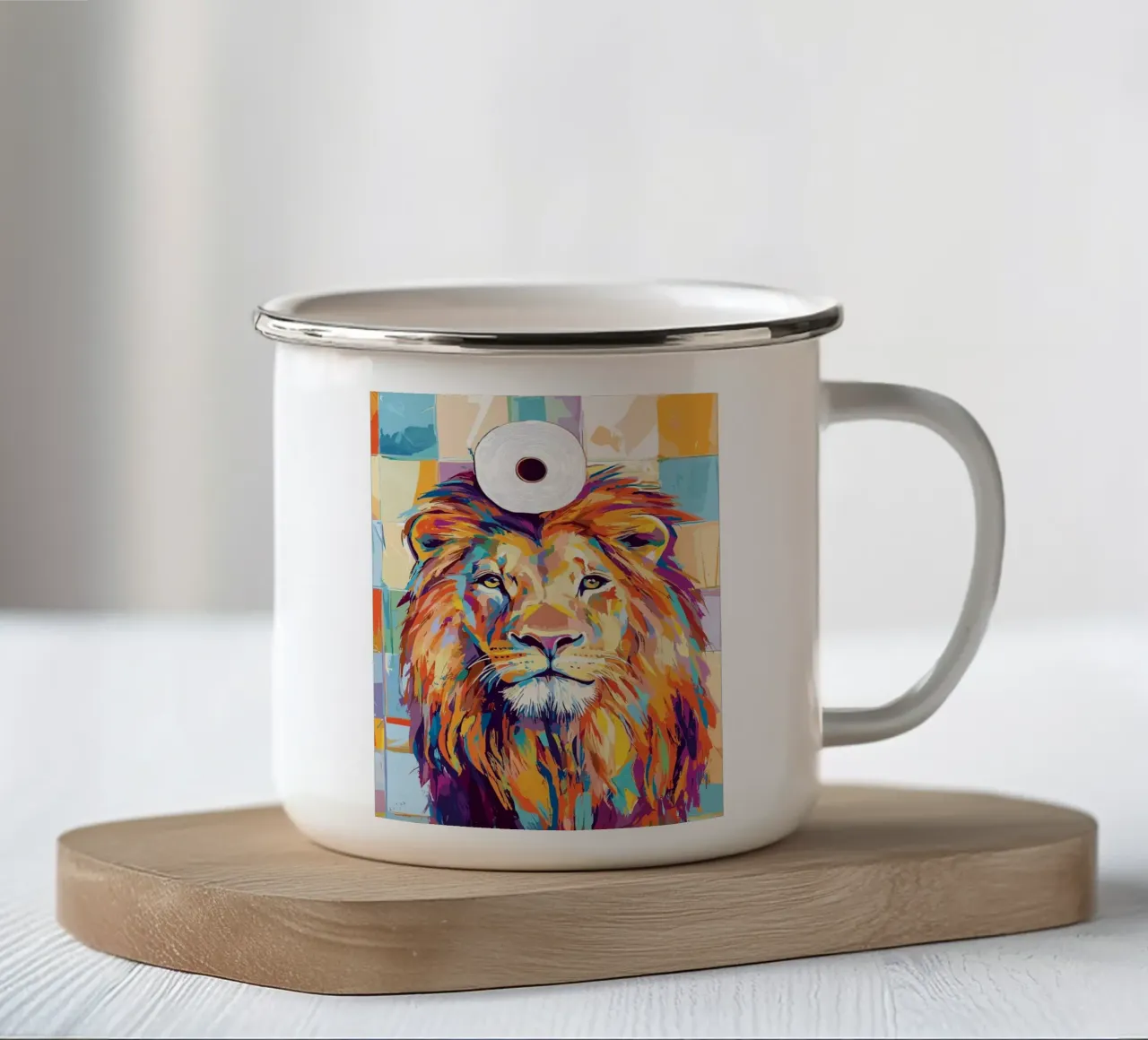 Kleurrijke leeuw met wc-papierrol emaille mok van JoyWalkerShop