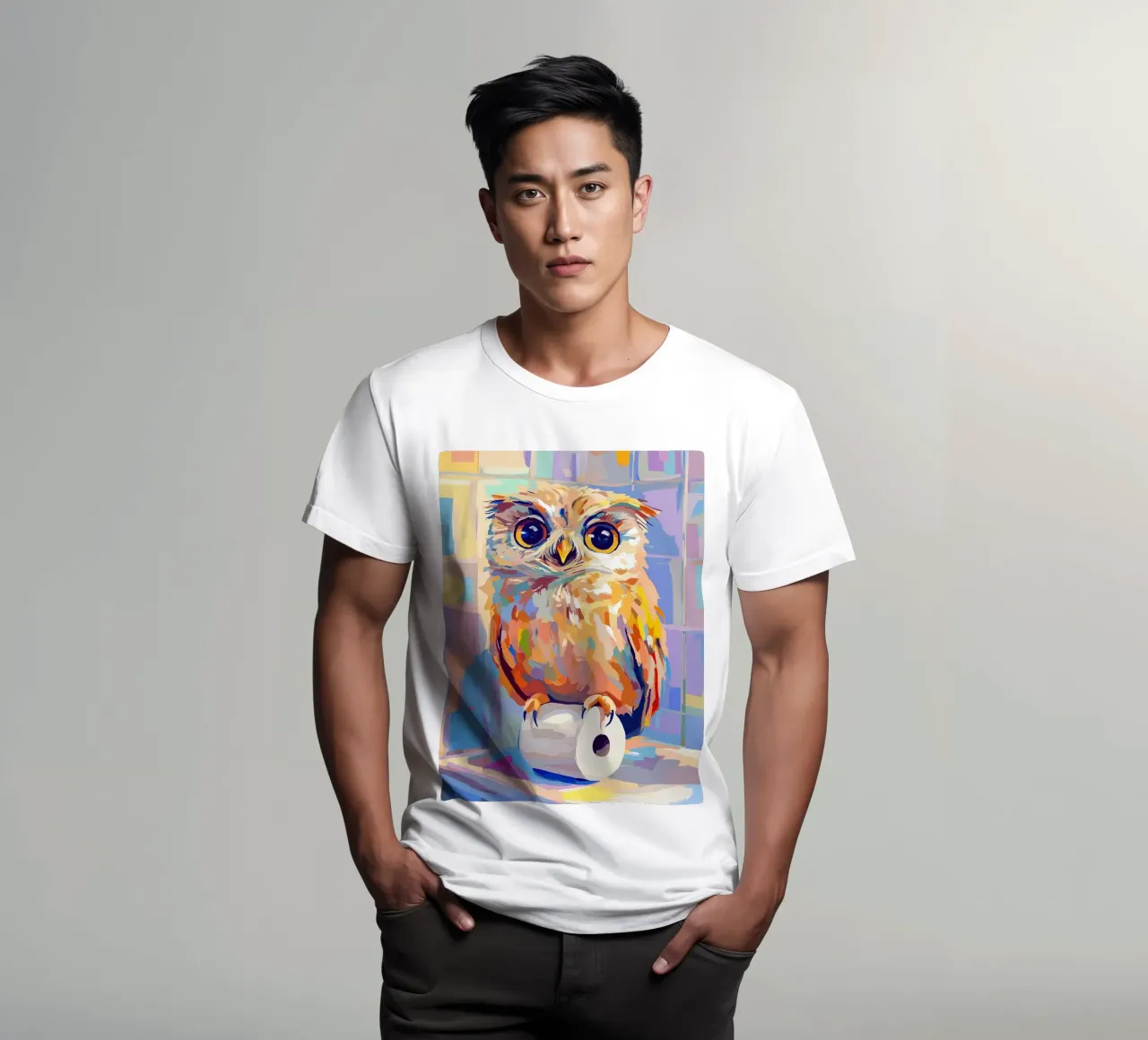 Gufo colorato su rotolo di carta igienica t-shirt da JoyWalkerShop