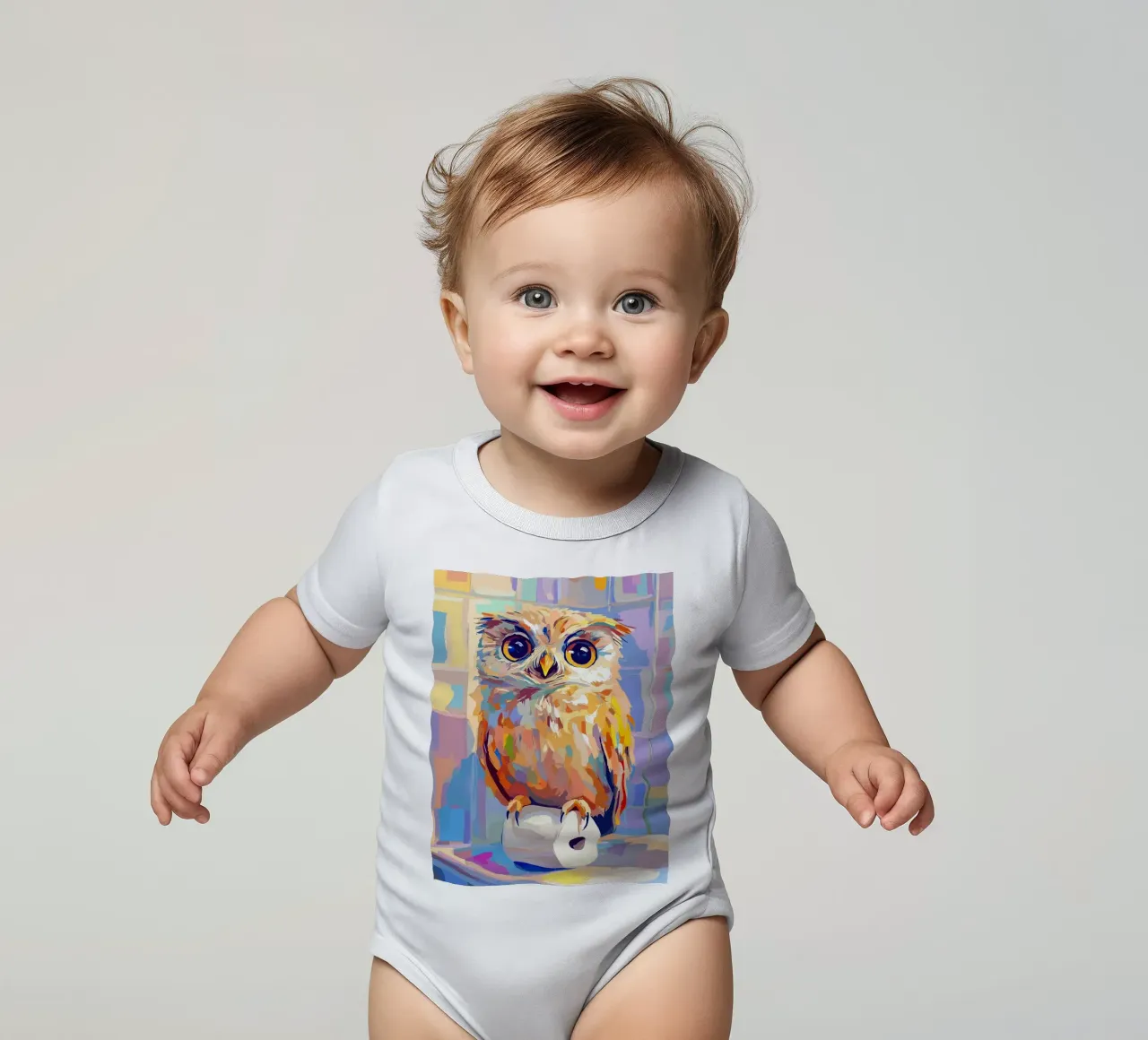 Kleurrijke uil op wc-papierrol babyrompertje korte mouwen van JoyWalkerShop