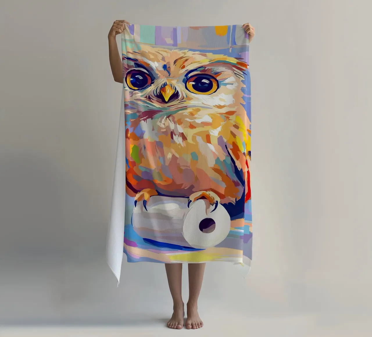 Gufo colorato su rotolo di carta igienica telo mare da JoyWalkerShop