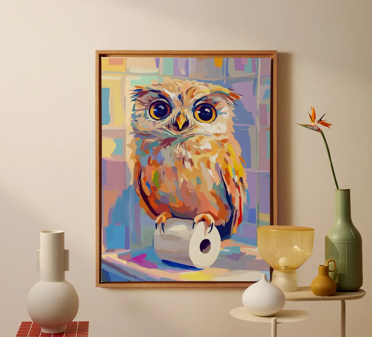 Kleurrijke uil op wc-papierrol canvas van JoyWalkerShop