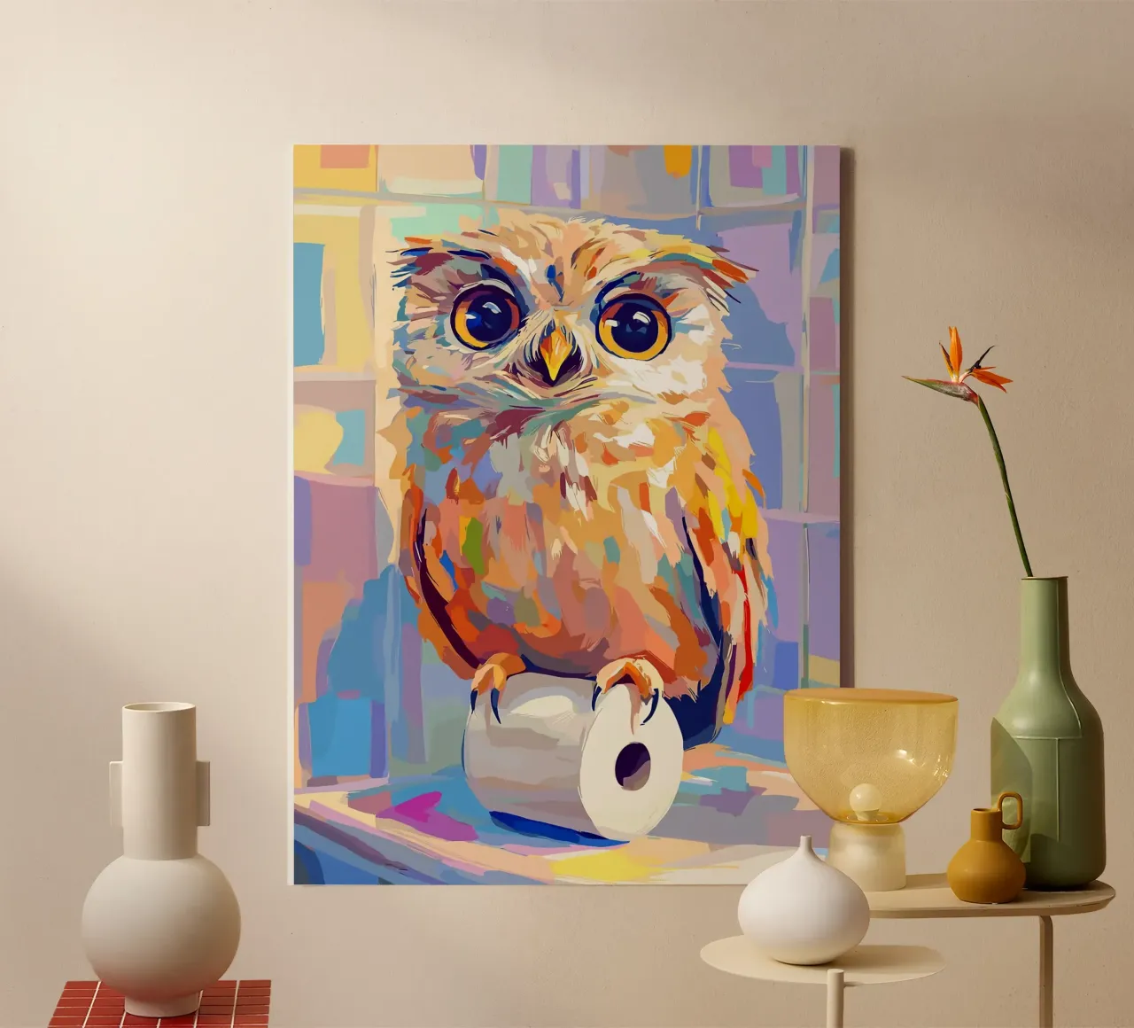Kleurrijke uil op wc-papierrol canvas van JoyWalkerShop