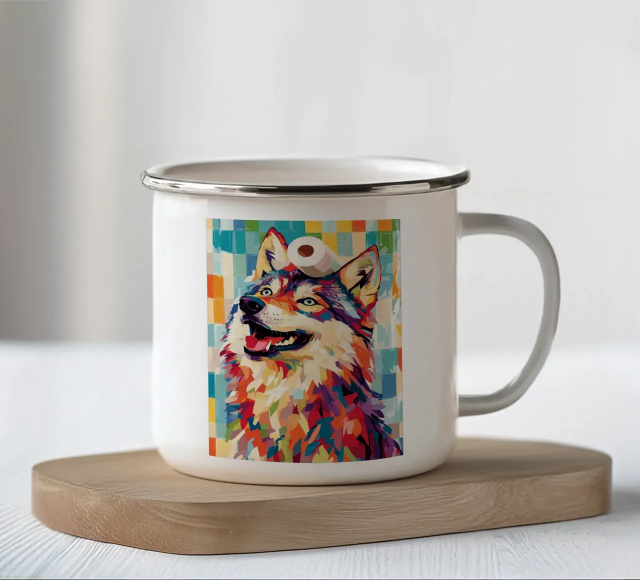 Lupo colorato con rotolo di carta igienica tazza in smalto da JoyWalkerShop