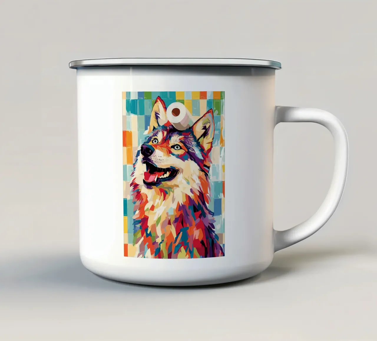 Lupo colorato con rotolo di carta igienica tazza in smalto da JoyWalkerShop