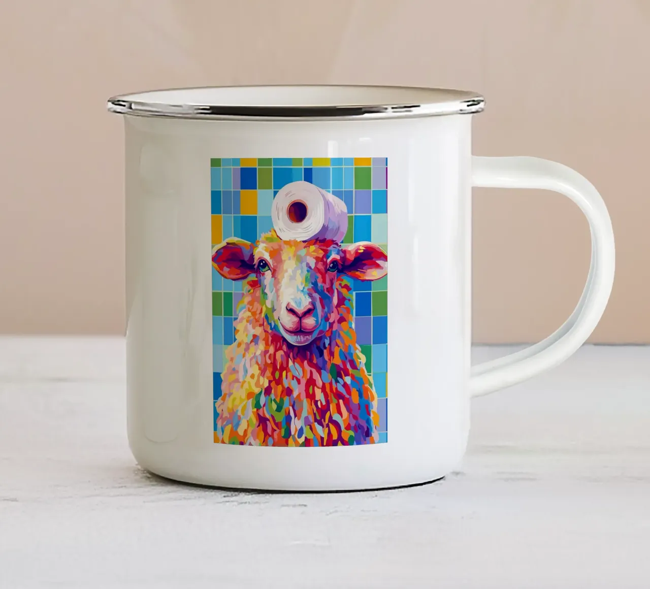 Kleurrijk schaap met wc-hoed emaille mok van JoyWalkerShop